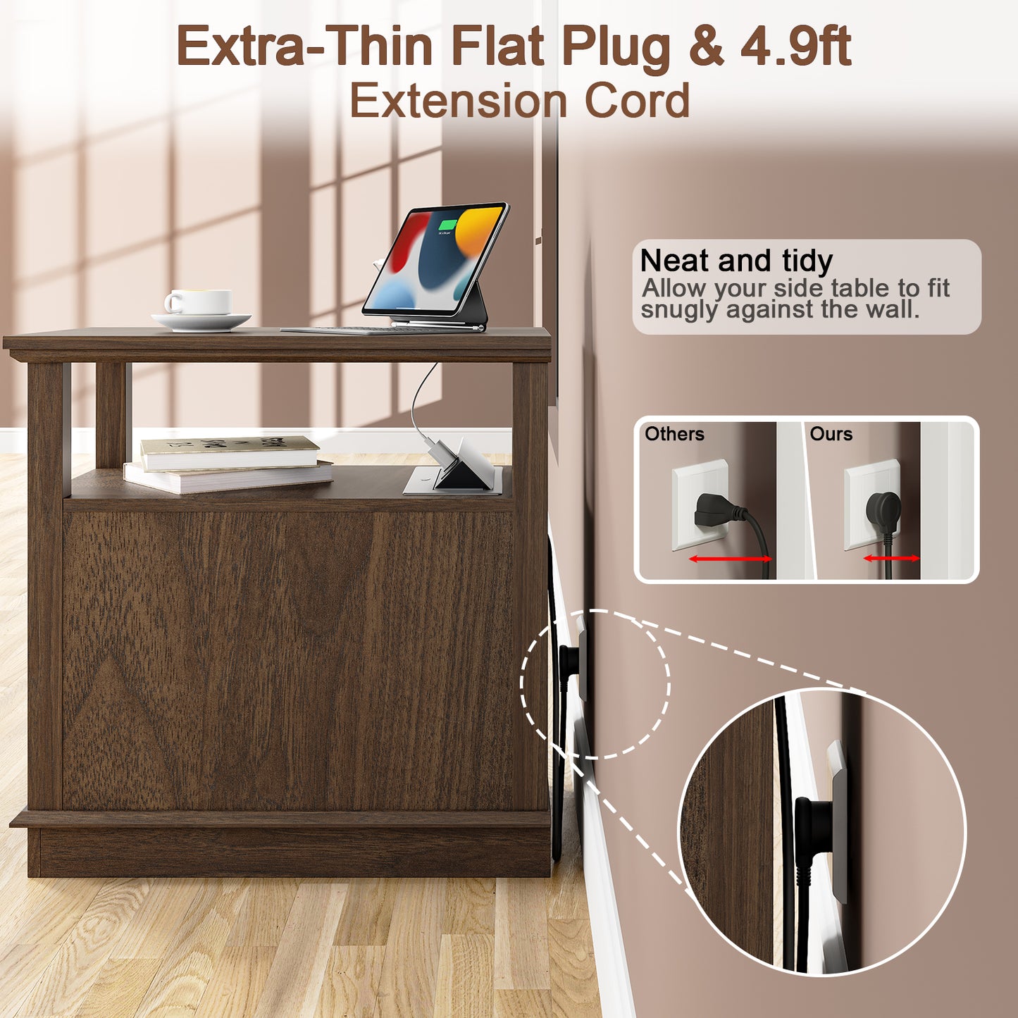 FAGAGA End Table with Charging Station, Vintage Sofa Side Table with 2 Drawers, Wood Rustic Nightstand with Open Storage Shelf for Bedroom, Living Room, Office