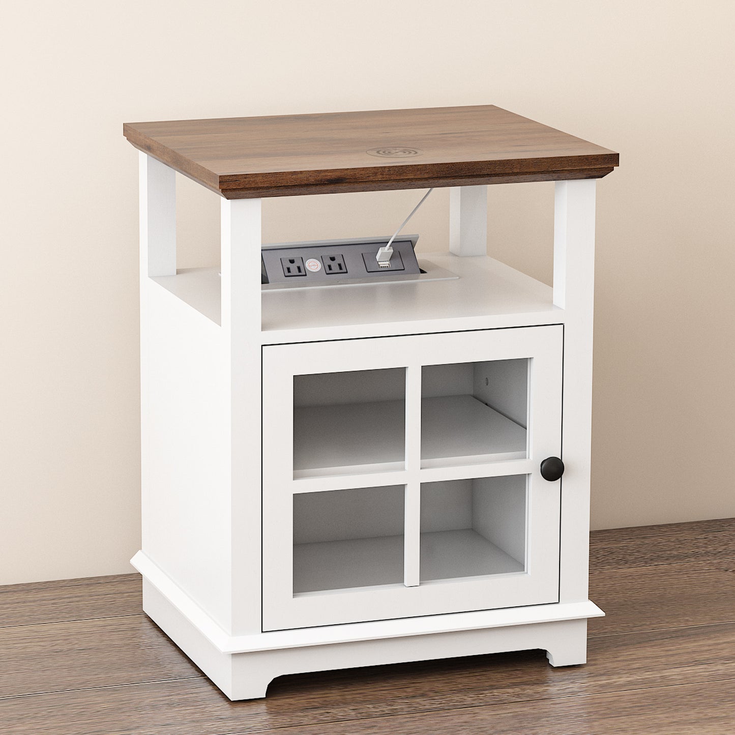 FAGAGA End Table with Wireless Charging Station, Nightstand with Storage, Espresso 22" Retro Side Table with Adjustable Shelf for Bedroom,Living Room