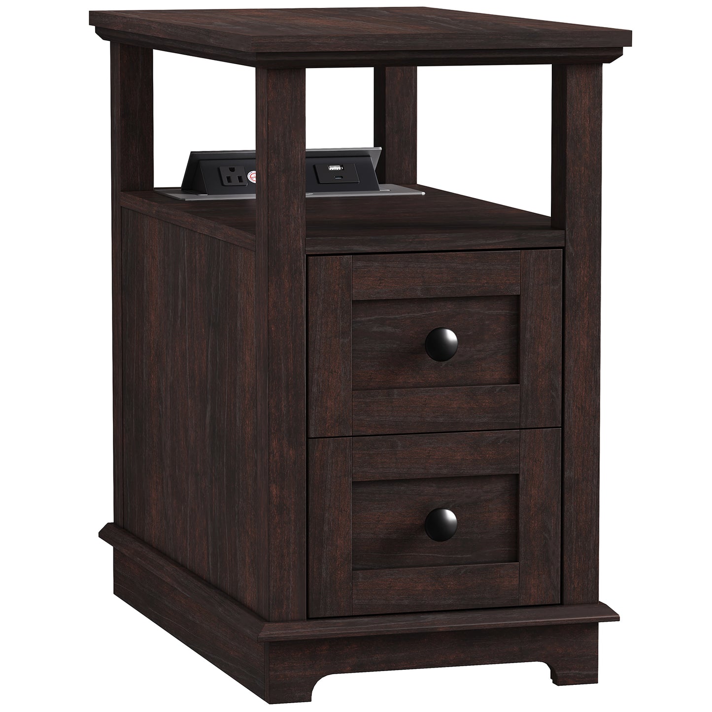 FAGAGA End Table with Charging Station, Vintage Sofa Side Table with 2 Drawers, Wood Rustic Nightstand with Open Storage Shelf for Bedroom, Living Room, Office