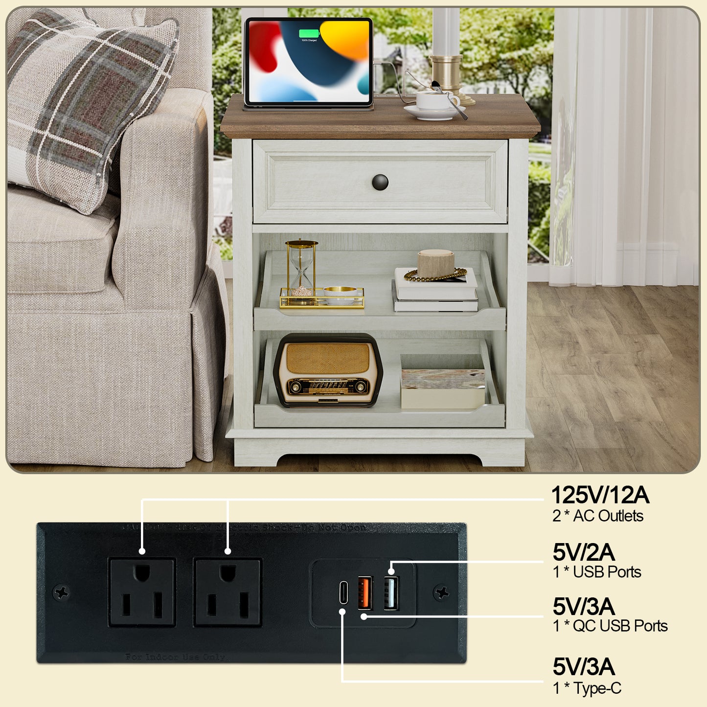FAGAGA Farmhouse End Table with Charging Station, Side Table with Drawer & Storage Shelf, Nightstand for Living Room Bedroom, Dorm, Office