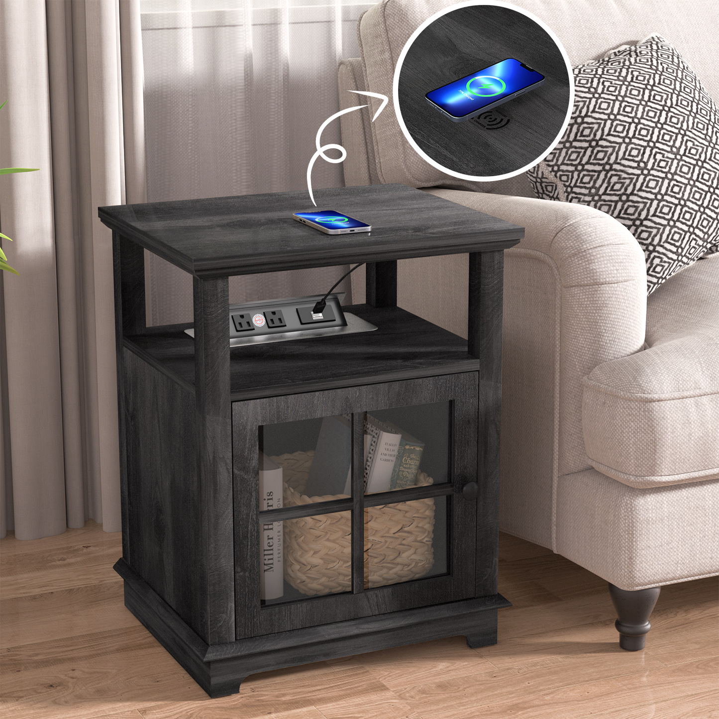 FAGAGA End Table with Wireless Charging Station, Nightstand with Storage, Espresso 22" Retro Side Table with Adjustable Shelf for Bedroom,Living Room