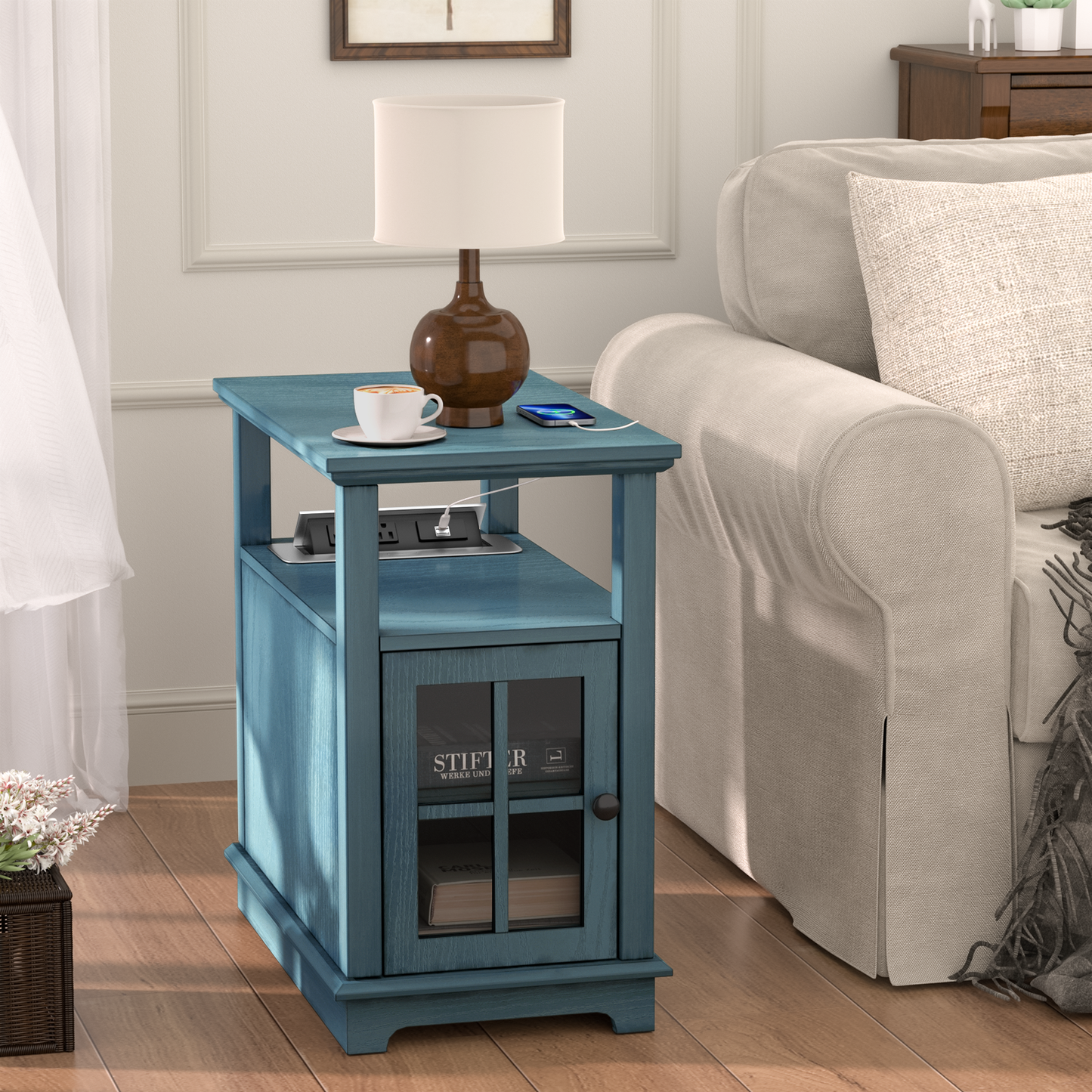 FAGAGA End Table with Charging Station, Side Table with Storage for Living Room and Bed Room, Power outlets & USB Ports, Adjustable Shelf