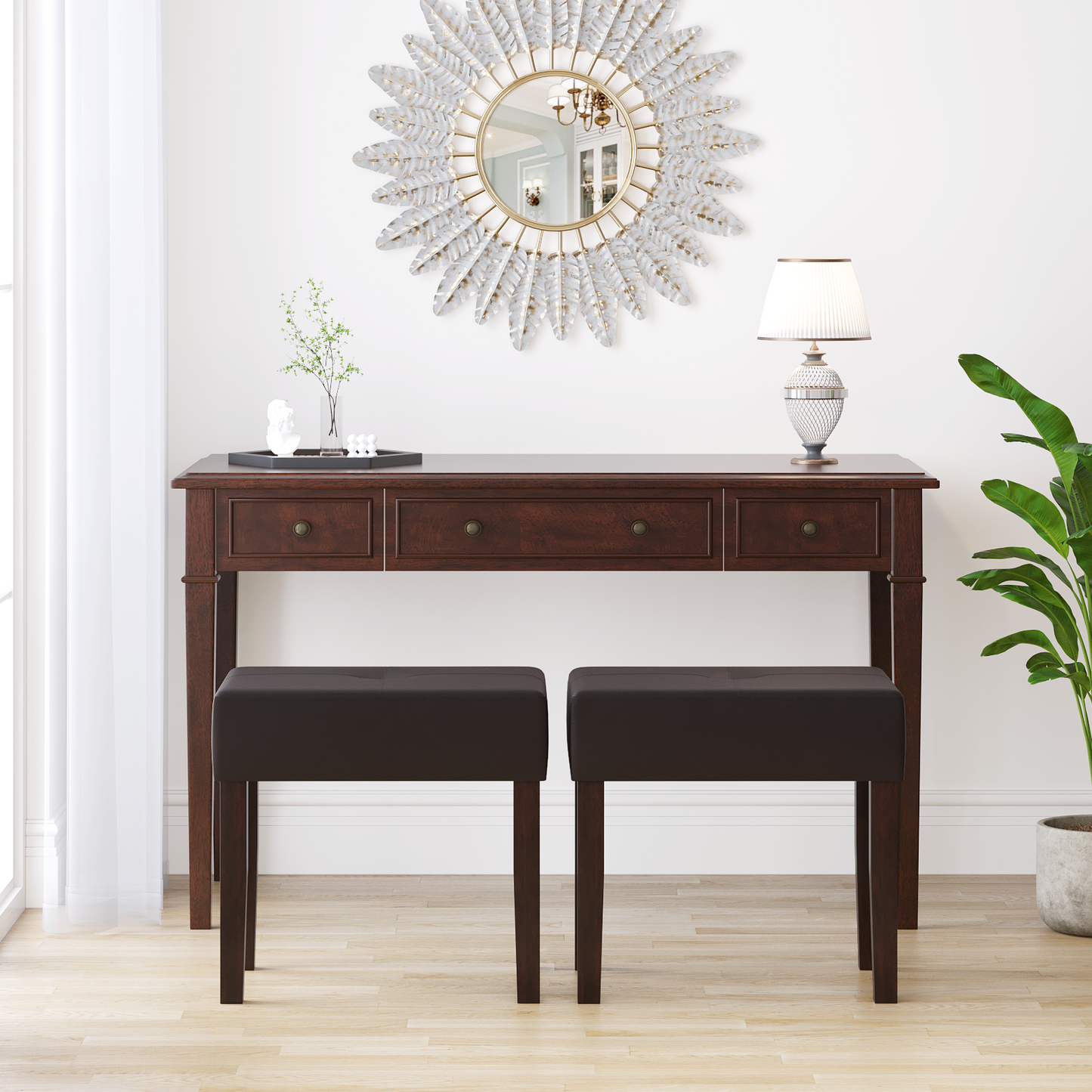 FAGAGA PU Leather Bench with Wood Legs Makeup Chair for Vanity, Modern Accent Ottoman Footstool for Makeup Room, Living Room, Bedroom, Entryway
