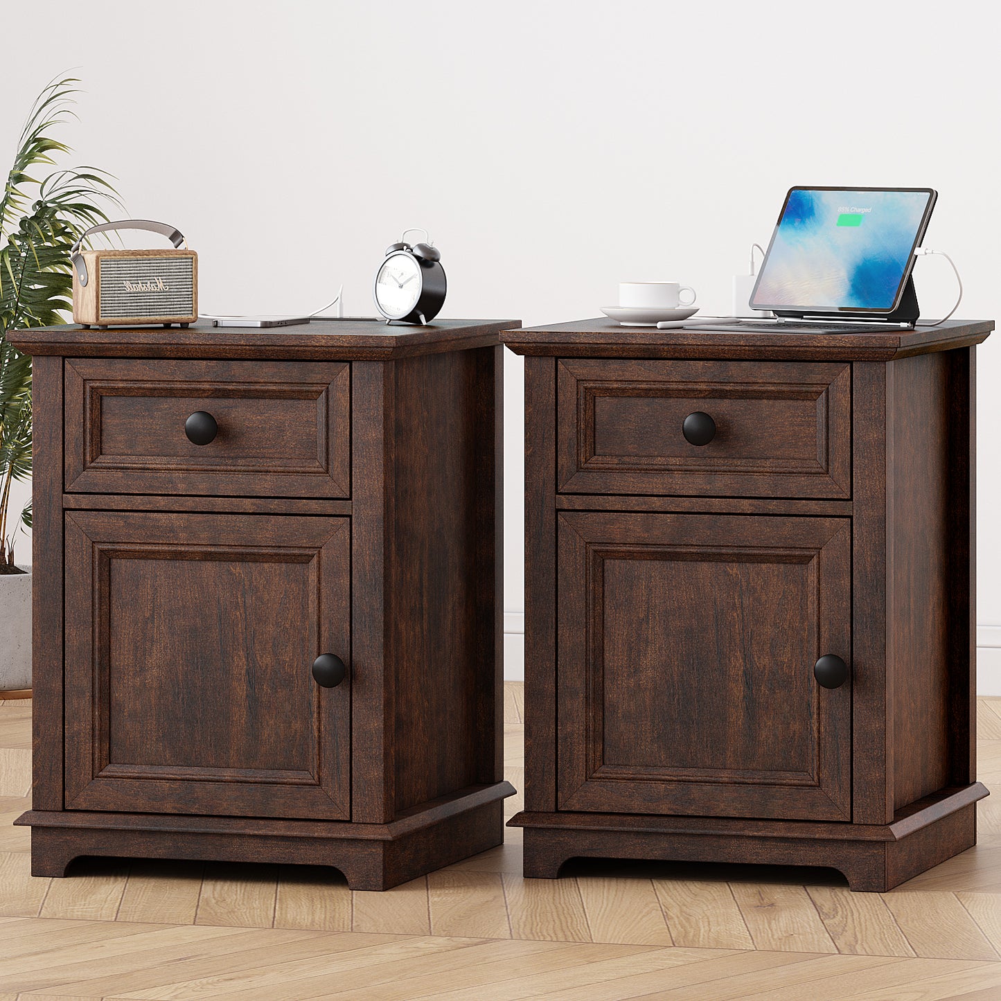 FAGAGA End Table with Fast USB C Charging Station, 24" Tall Sofa Side Table with Magnetic Door and Adjustable Storage Shelf, Wooden Square Storage Cabinet for Living Room, Bedroom, Office
