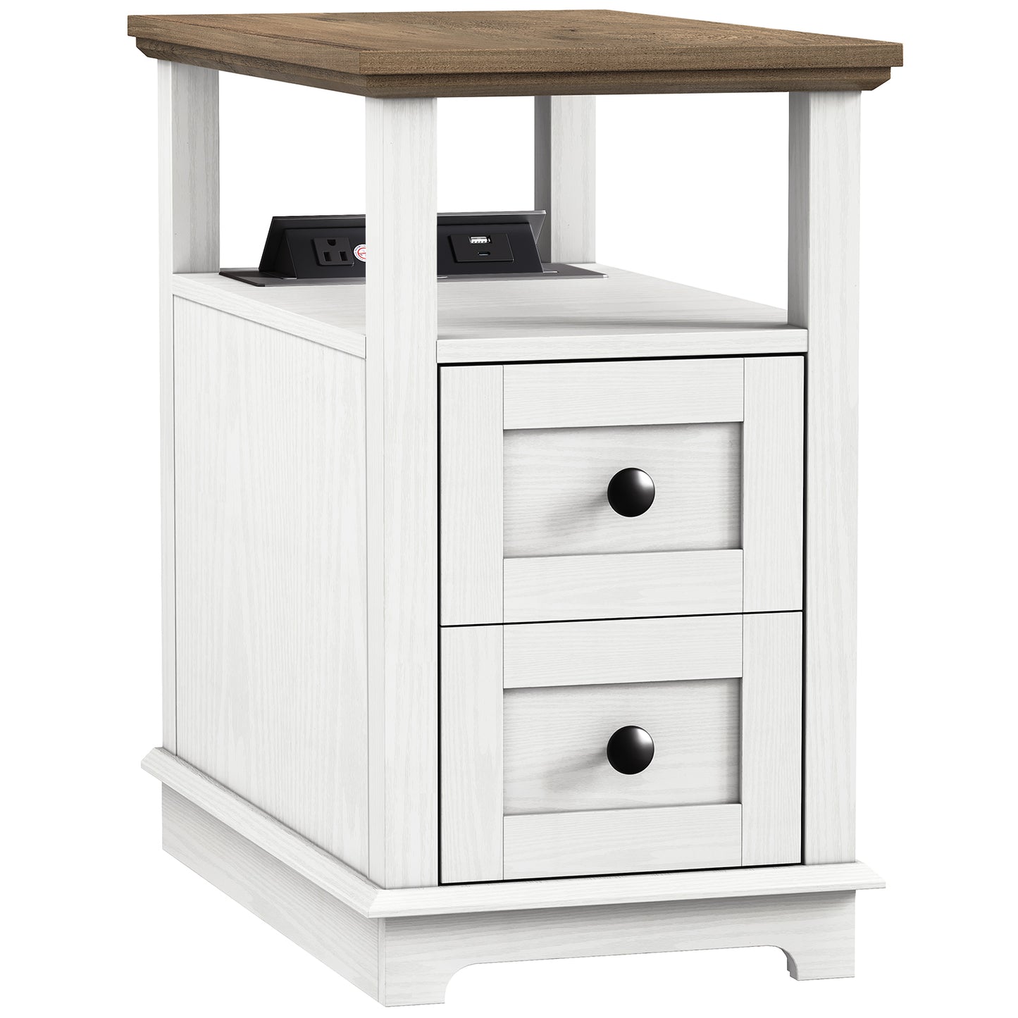 FAGAGA End Table with Charging Station, Vintage Sofa Side Table with 2 Drawers, Wood Rustic Nightstand with Open Storage Shelf for Bedroom, Living Room, Office
