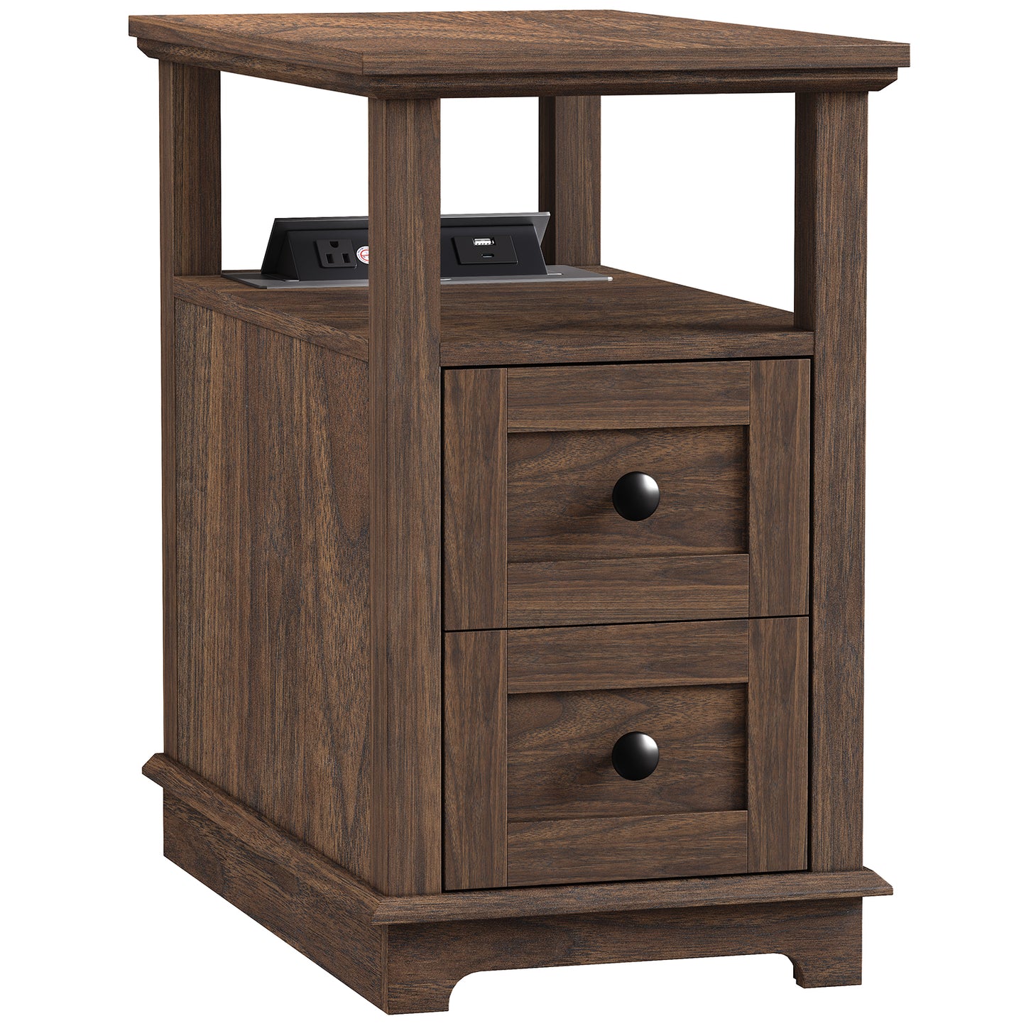 FAGAGA End Table with Charging Station, Vintage Sofa Side Table with 2 Drawers, Wood Rustic Nightstand with Open Storage Shelf for Bedroom, Living Room, Office