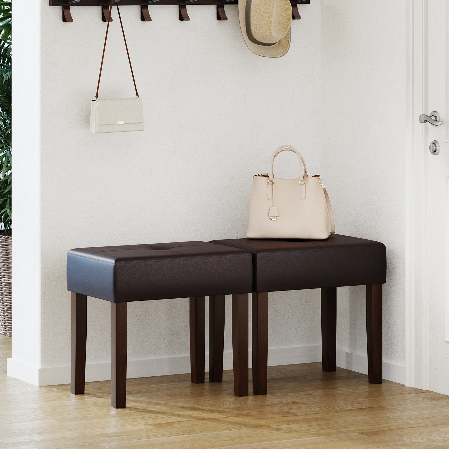 FAGAGA PU Leather Bench with Wood Legs Makeup Chair for Vanity, Modern Accent Ottoman Footstool for Makeup Room, Living Room, Bedroom, Entryway