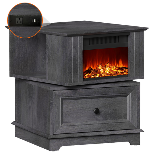 FAGAGA 19.7'' Fireplace End Table with Charging Station, Rotating Square Storage Side Table，Nightstand with Electric Fireplace Heater for Bedroom Living Room