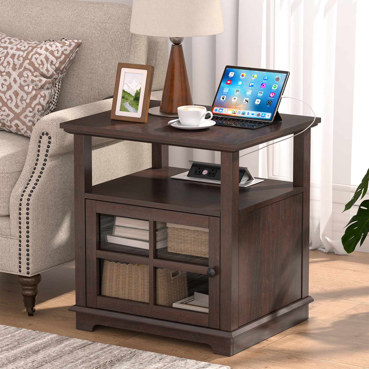 FAGAGA Living Room Side Table, End Table with Charging Station, Farmhouse Wood Nightstand with Large Storage, Bedside Table for Bedroom, Brown