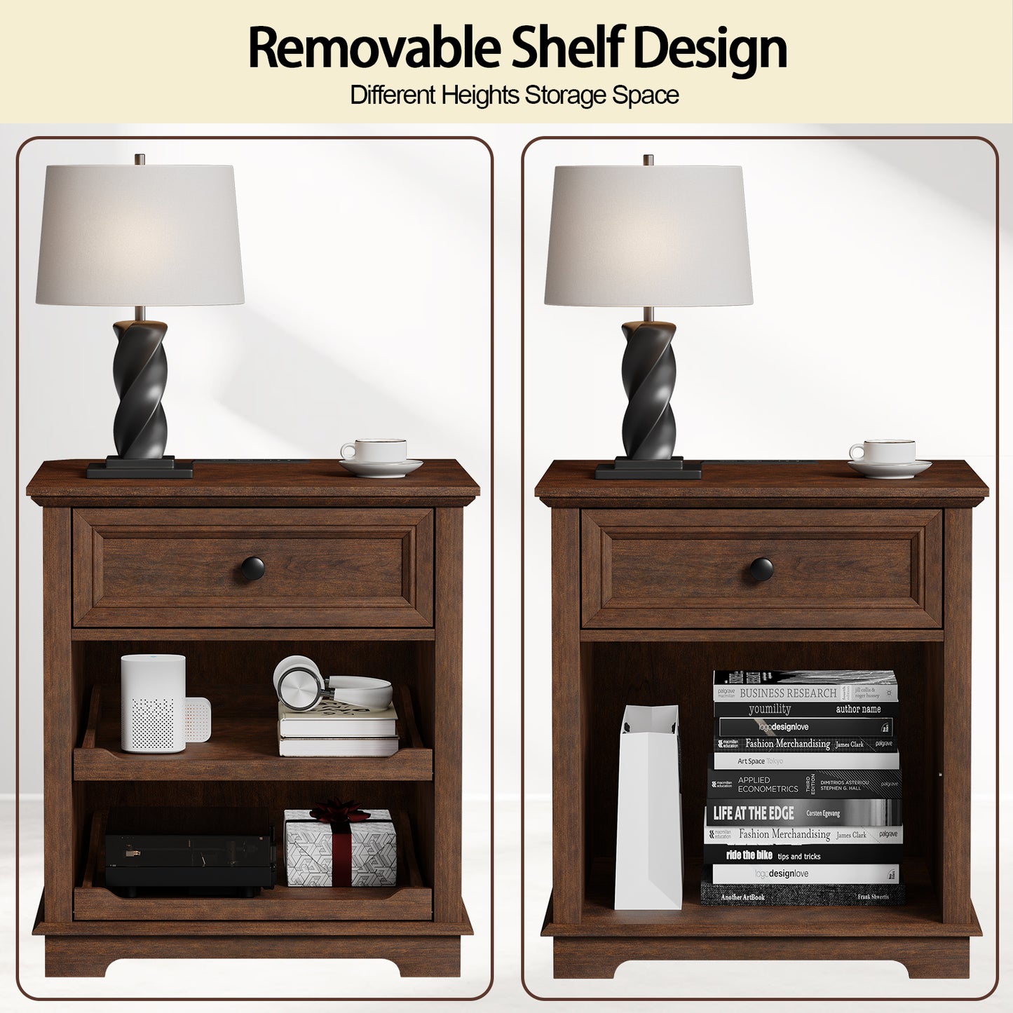 FAGAGA Farmhouse End Table with Charging Station, Side Table with Drawer & Storage Shelf, Nightstand for Living Room Bedroom, Dorm, Office