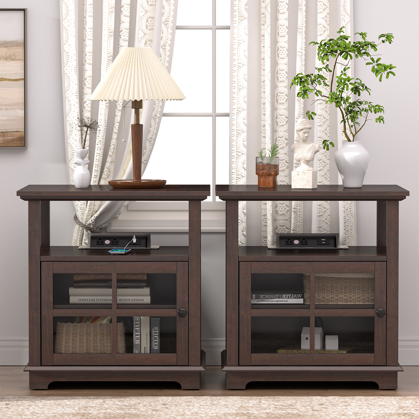 FAGAGA Living Room Side Table, End Table with Charging Station, Farmhouse Wood Nightstand with Large Storage, Bedside Table for Bedroom, Brown
