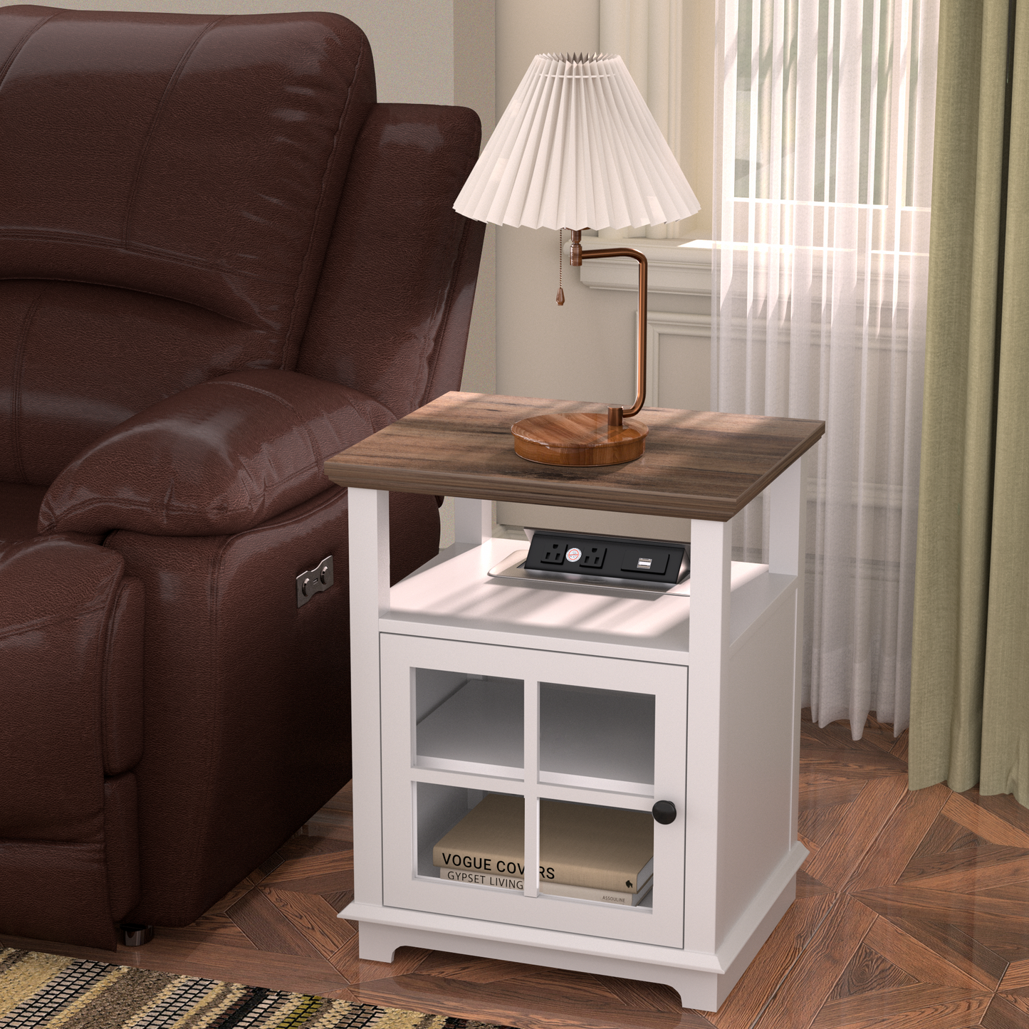 FAGAGA End Table with Wireless Charging Station, Nightstand with Storage, Espresso 22" Retro Side Table with Adjustable Shelf for Bedroom,Living Room