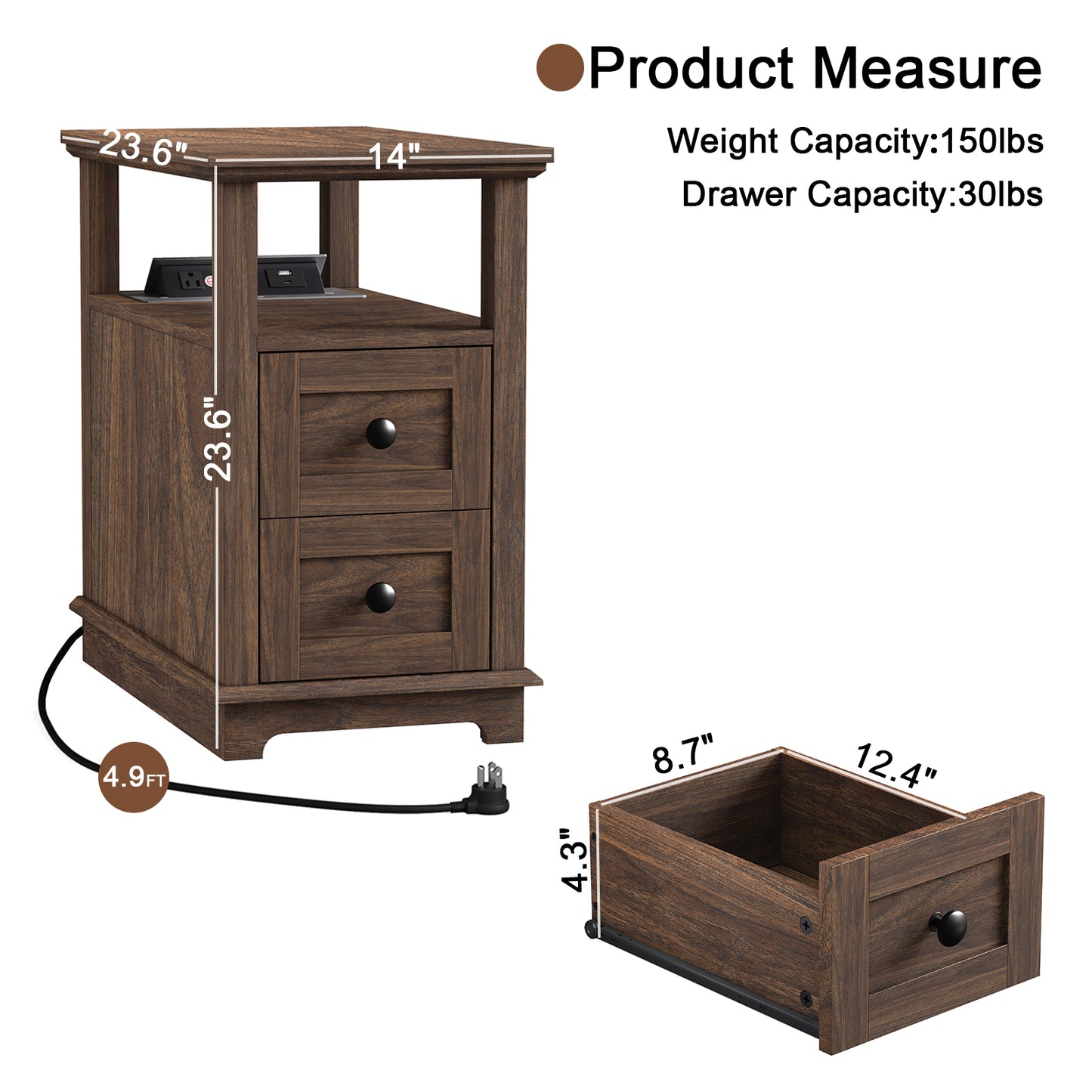 FAGAGA End Table with Charging Station, Vintage Sofa Side Table with 2 Drawers, Wood Rustic Nightstand with Open Storage Shelf for Bedroom, Living Room, Office