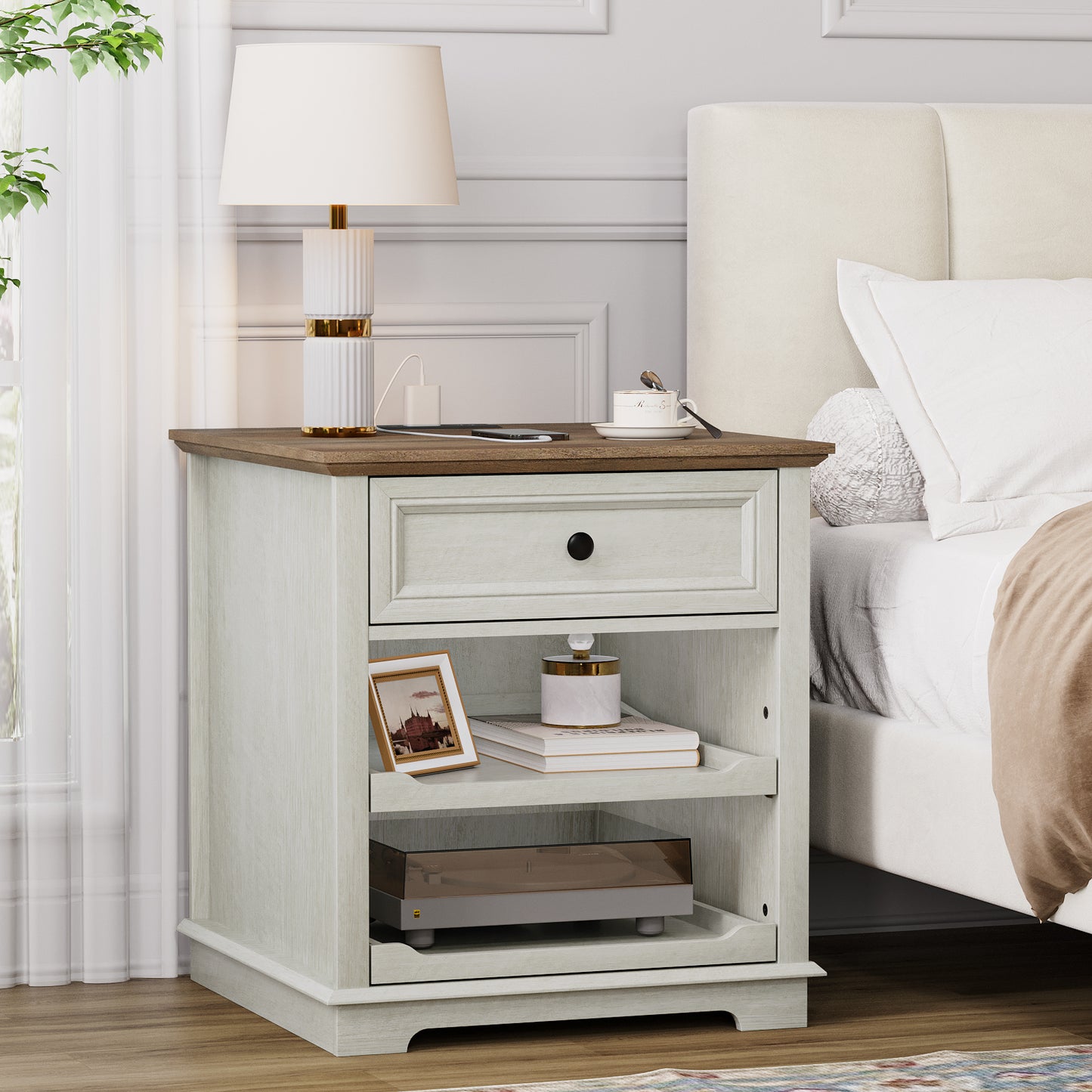 FAGAGA Farmhouse End Table with Charging Station, Side Table with Drawer & Storage Shelf, Nightstand for Living Room Bedroom, Dorm, Office