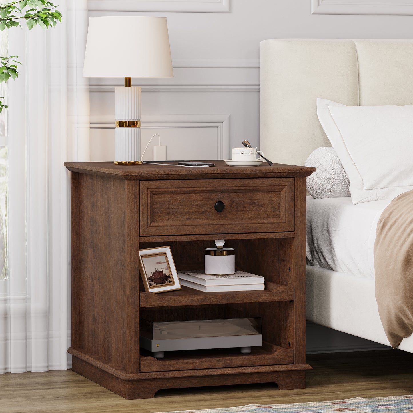 FAGAGA Farmhouse End Table with Charging Station, Side Table with Drawer & Storage Shelf, Nightstand for Living Room Bedroom, Dorm, Office