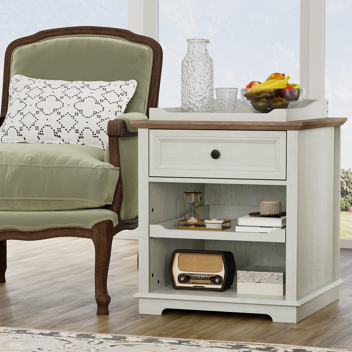 FAGAGA Farmhouse End Table with Charging Station, Side Table with Drawer & Storage Shelf, Nightstand for Living Room Bedroom, Dorm, Office