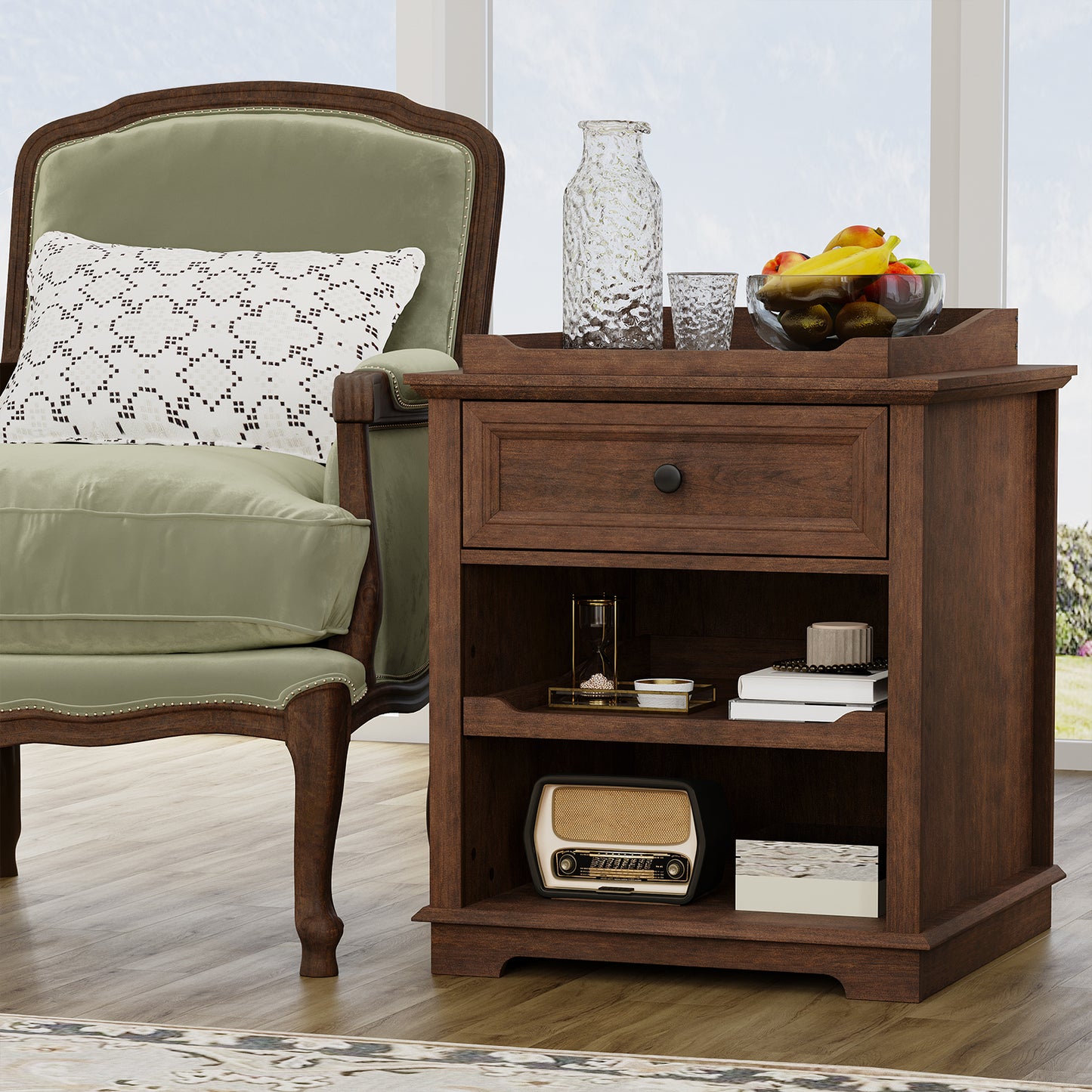 FAGAGA Farmhouse End Table with Charging Station, Side Table with Drawer & Storage Shelf, Nightstand for Living Room Bedroom, Dorm, Office