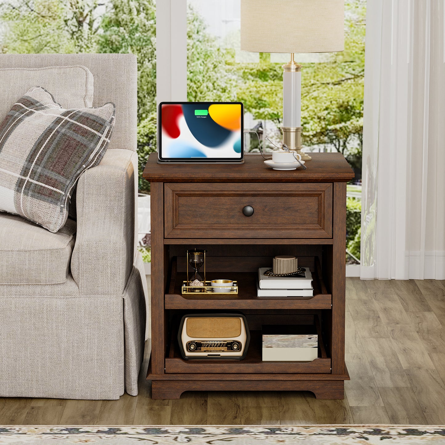 FAGAGA Farmhouse End Table with Charging Station, Side Table with Drawer & Storage Shelf, Nightstand for Living Room Bedroom, Dorm, Office