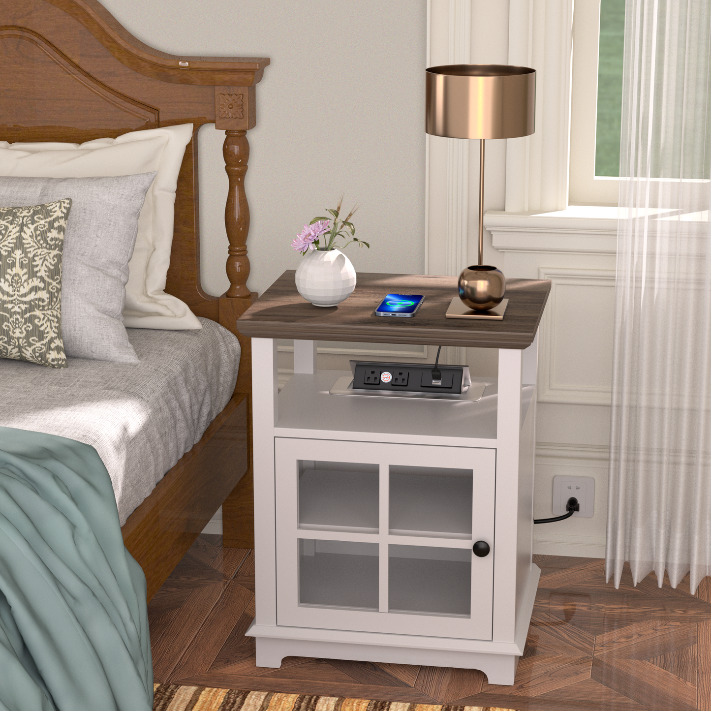 FAGAGA End Table with Wireless Charging Station, Nightstand with Storage, Espresso 22" Retro Side Table with Adjustable Shelf for Bedroom,Living Room