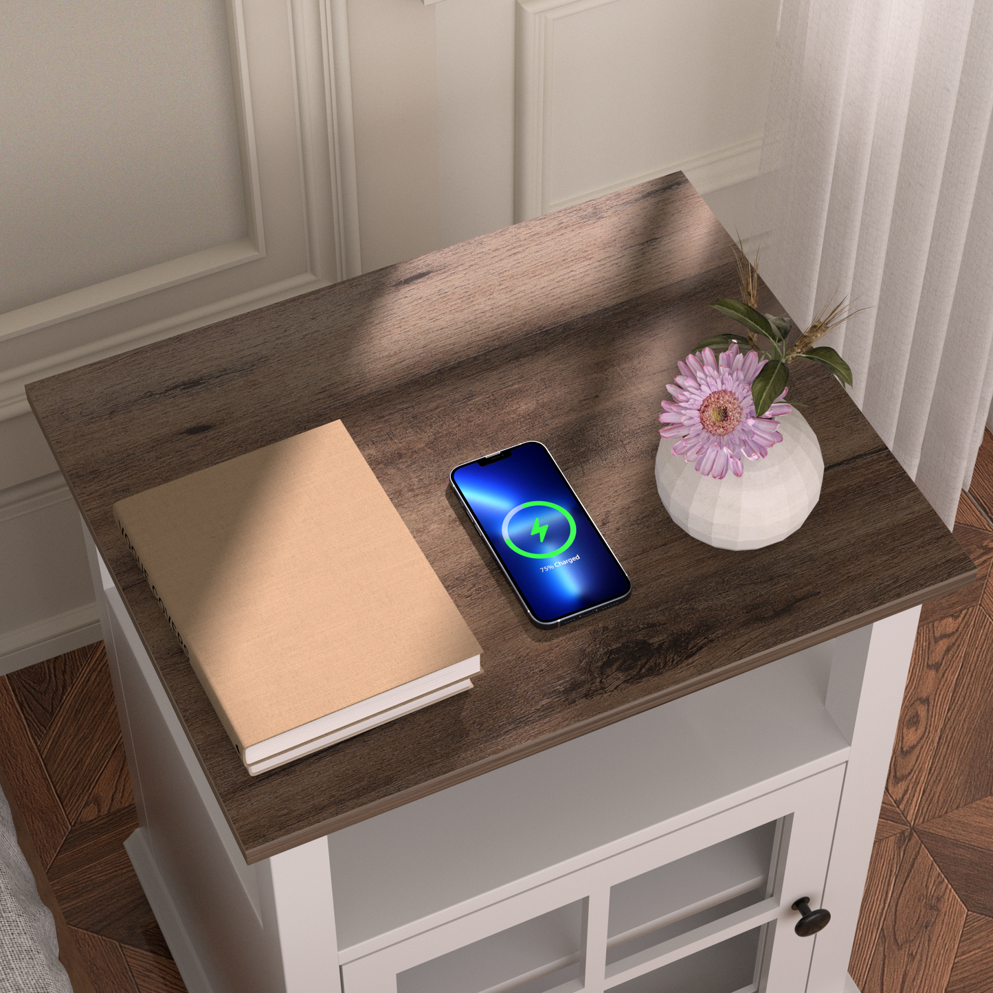 FAGAGA End Table with Wireless Charging Station, Nightstand with Storage, Espresso 22" Retro Side Table with Adjustable Shelf for Bedroom,Living Room