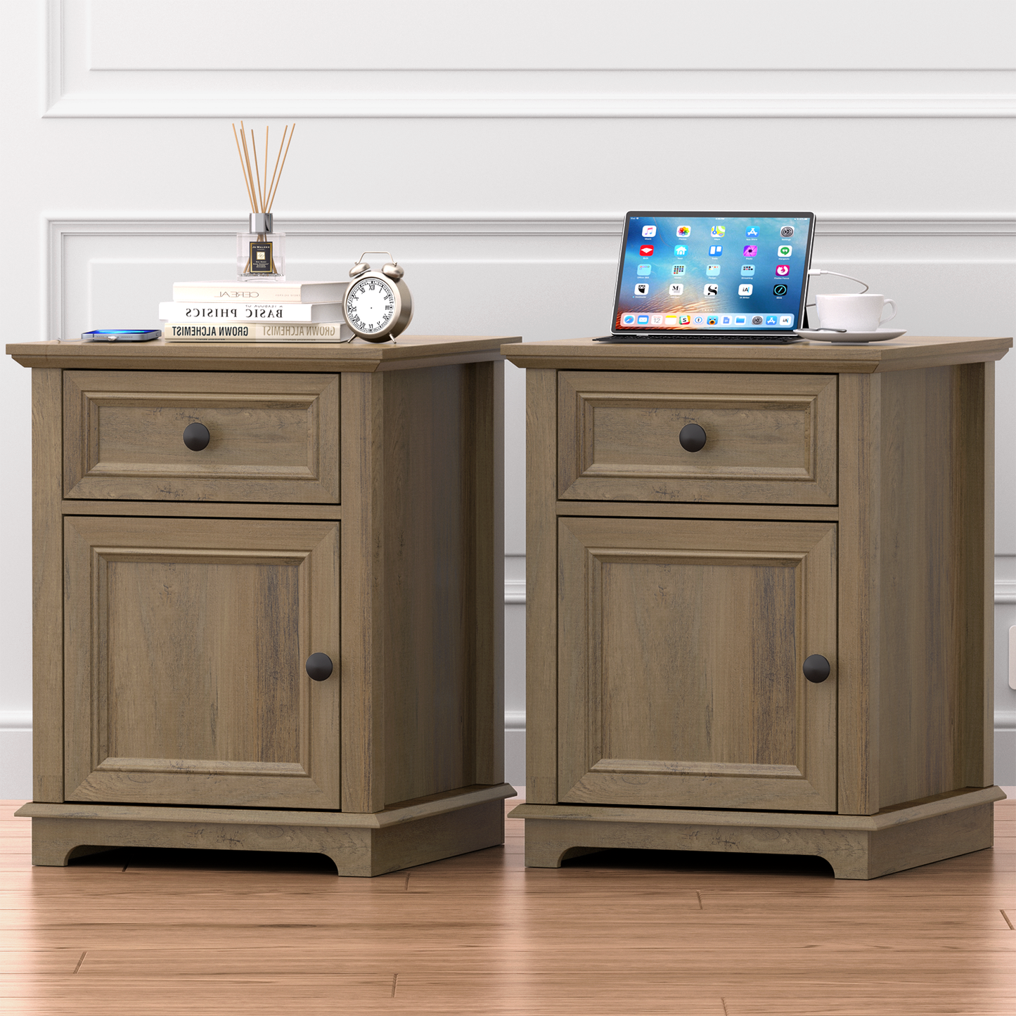 FAGAGA End Table with Fast USB C Charging Station, 24" Tall Sofa Side Table with Magnetic Door and Adjustable Storage Shelf, Wooden Square Storage Cabinet for Living Room, Bedroom, Office