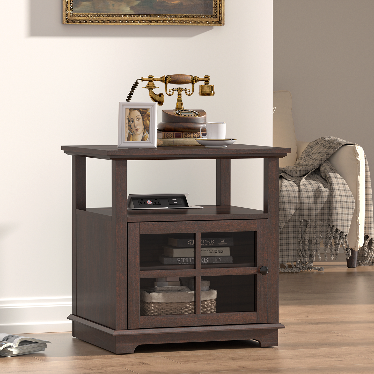 FAGAGA Living Room Side Table, End Table with Charging Station, Farmhouse Wood Nightstand with Large Storage, Bedside Table for Bedroom, Brown