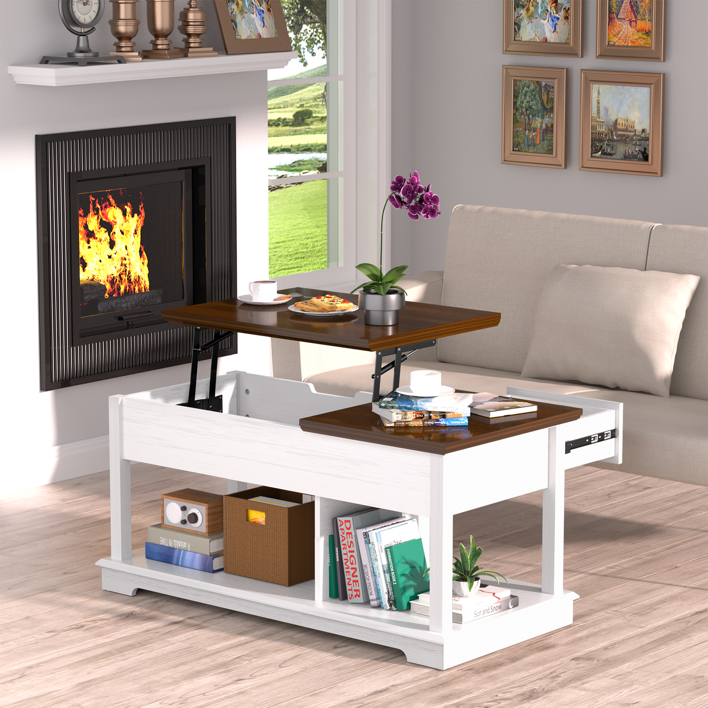 FAGAGA Lift Top Coffee Table with Storage, Living Room Coffee Table, Retro Coffee Table with Hidden Compartment, Center Table for Office Use, Reception for Living Room