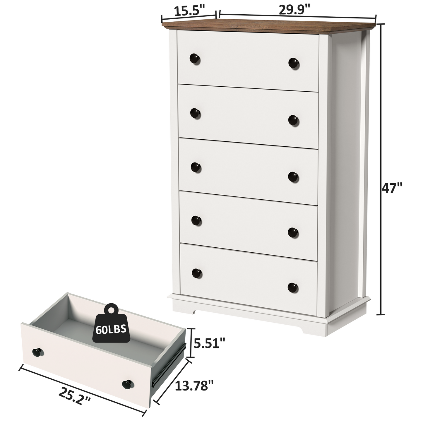 FAGAGA 47" Tall 5 Drawers Dresser Chests for Bedroom, Modern Storage Cabinet for Living Room, Vertical Chest of Drawers Organizer for Entryway, Hallway, Office