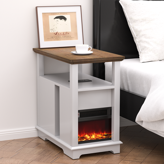 FAGAGA 14.7" Fireplace End Table with Charging Station, Storage Narrow Side Table, Wooden Nightstand with Electric Fireplace Heater for Bedroom Living Room