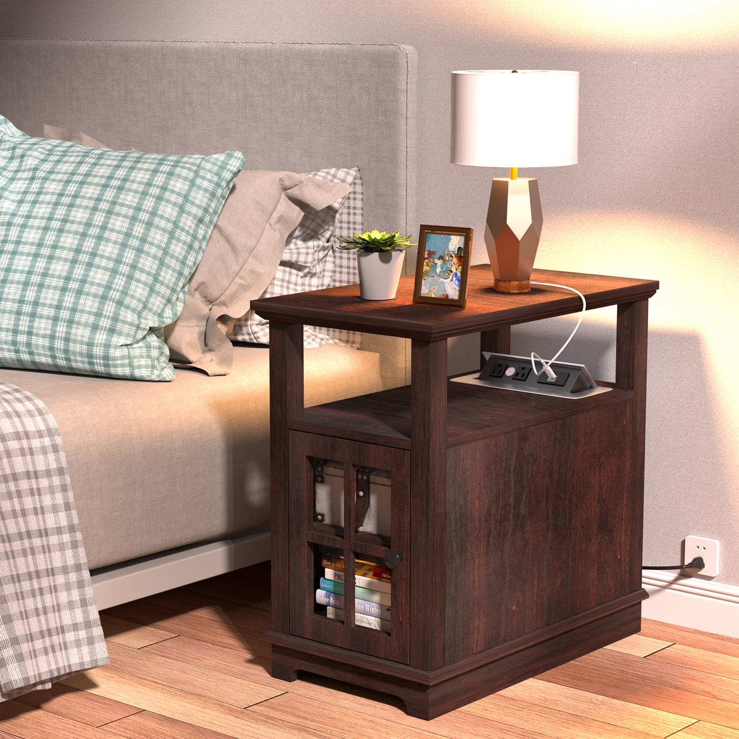 FAGAGA End Table with Charging Station, Side Table with Storage for Living Room and Bed Room, Power outlets & USB Ports, Adjustable Shelf