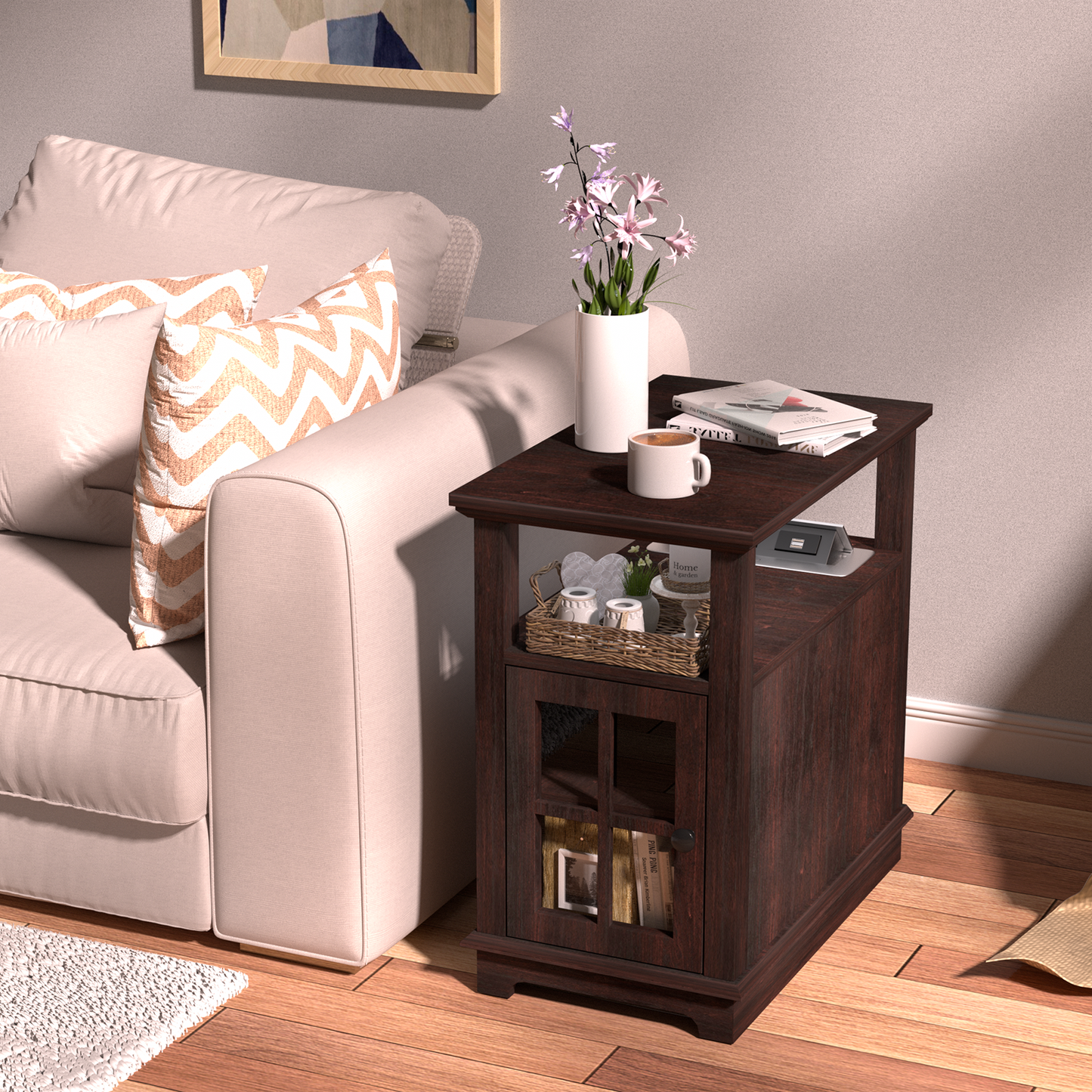 FAGAGA End Table with Charging Station, Side Table with Storage for Living Room and Bed Room, Power outlets & USB Ports, Adjustable Shelf