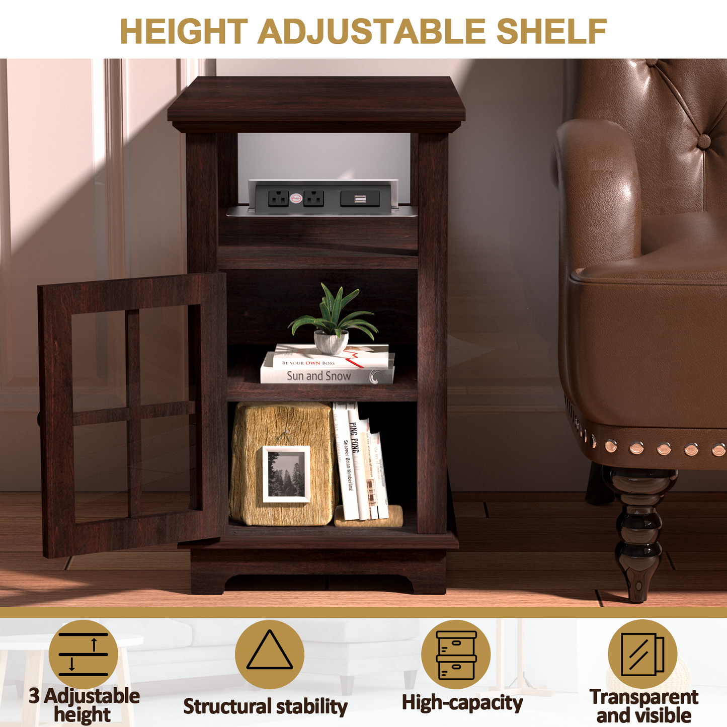 FAGAGA End Table with Charging Station, Side Table with Storage for Living Room and Bed Room, Power outlets & USB Ports, Adjustable Shelf