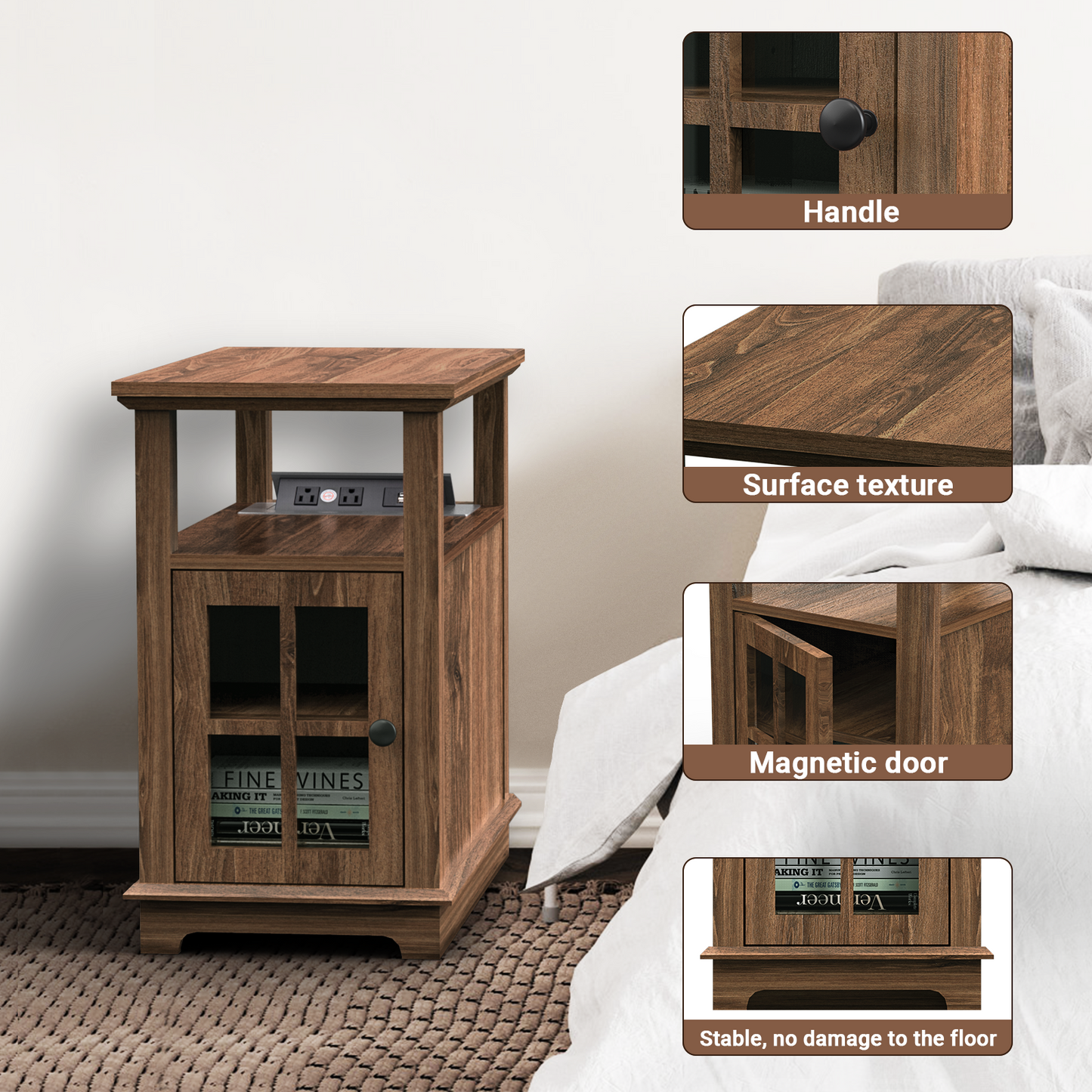 FAGAGA End Table with Charging Station, Side Table with Storage for Living Room and Bed Room, Power outlets & USB Ports, Adjustable Shelf