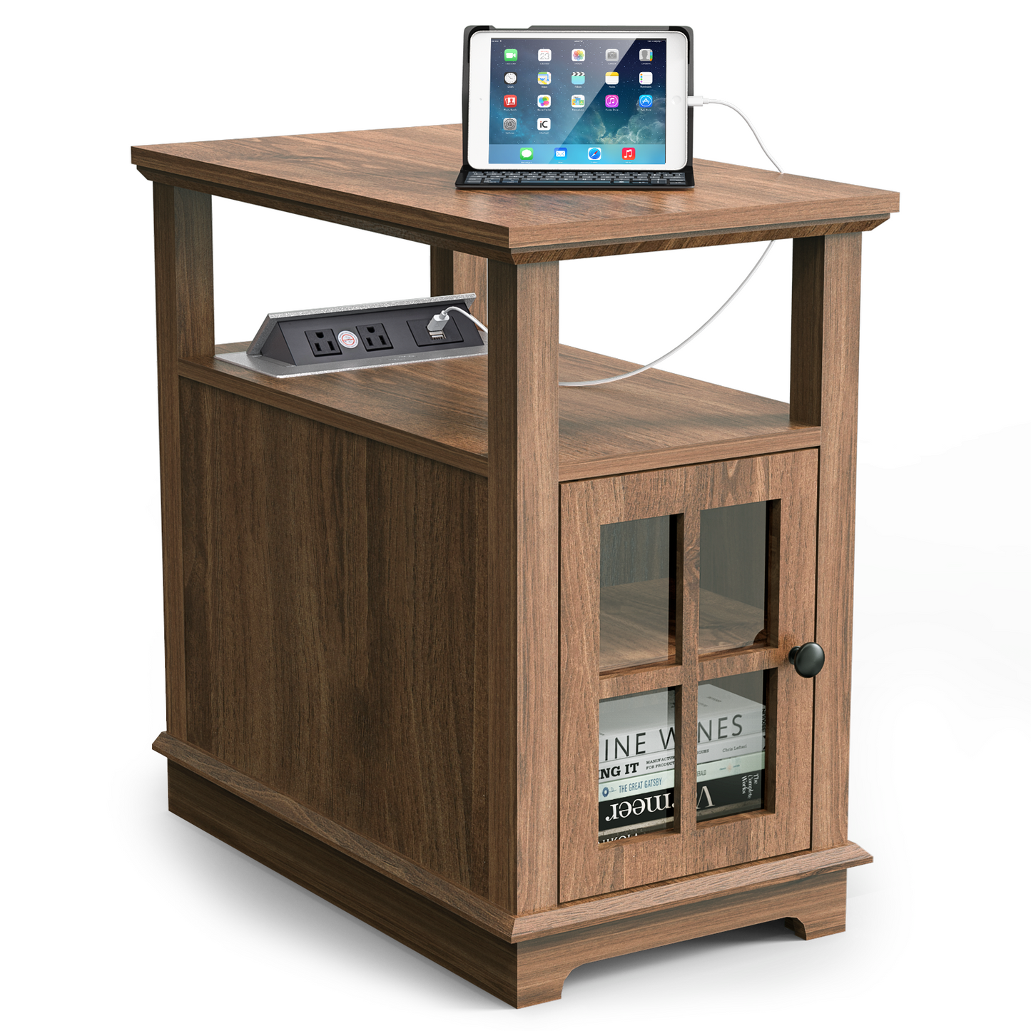 FAGAGA End Table with Charging Station, Side Table with Storage for Living Room and Bed Room, Power outlets & USB Ports, Adjustable Shelf