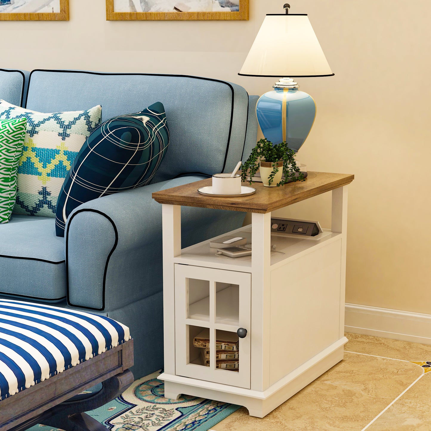 FAGAGA End Table with Charging Station, Side Table with Storage for Living Room and Bed Room, Power outlets & USB Ports, Adjustable Shelf