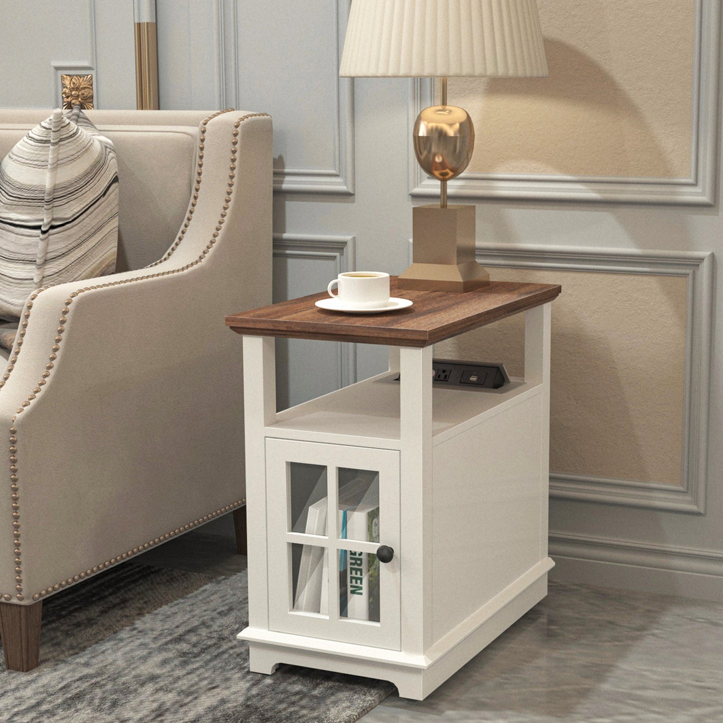 FAGAGA End Table with Charging Station, Side Table with Storage for Living Room and Bed Room, Power outlets & USB Ports, Adjustable Shelf