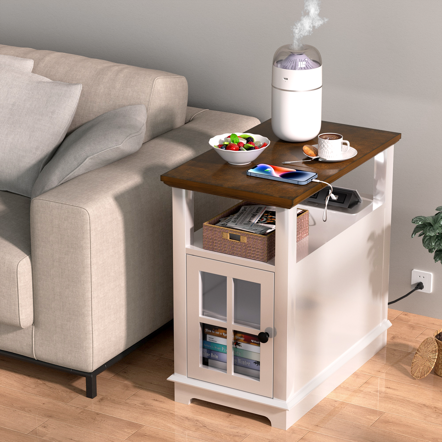 FAGAGA End Table with Charging Station, Side Table with Storage for Living Room and Bed Room, Power outlets & USB Ports, Adjustable Shelf