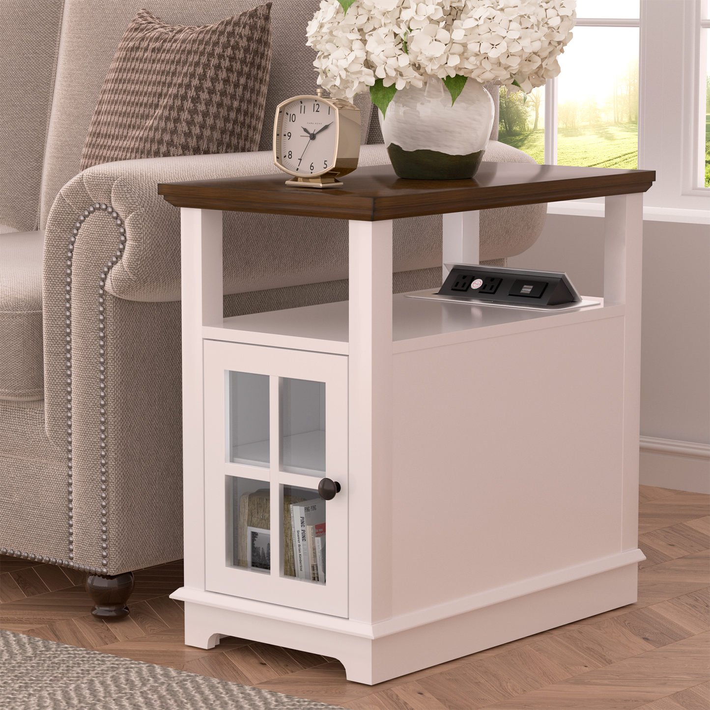 FAGAGA End Table with Charging Station, Side Table with Storage for Living Room and Bed Room, Power outlets & USB Ports, Adjustable Shelf