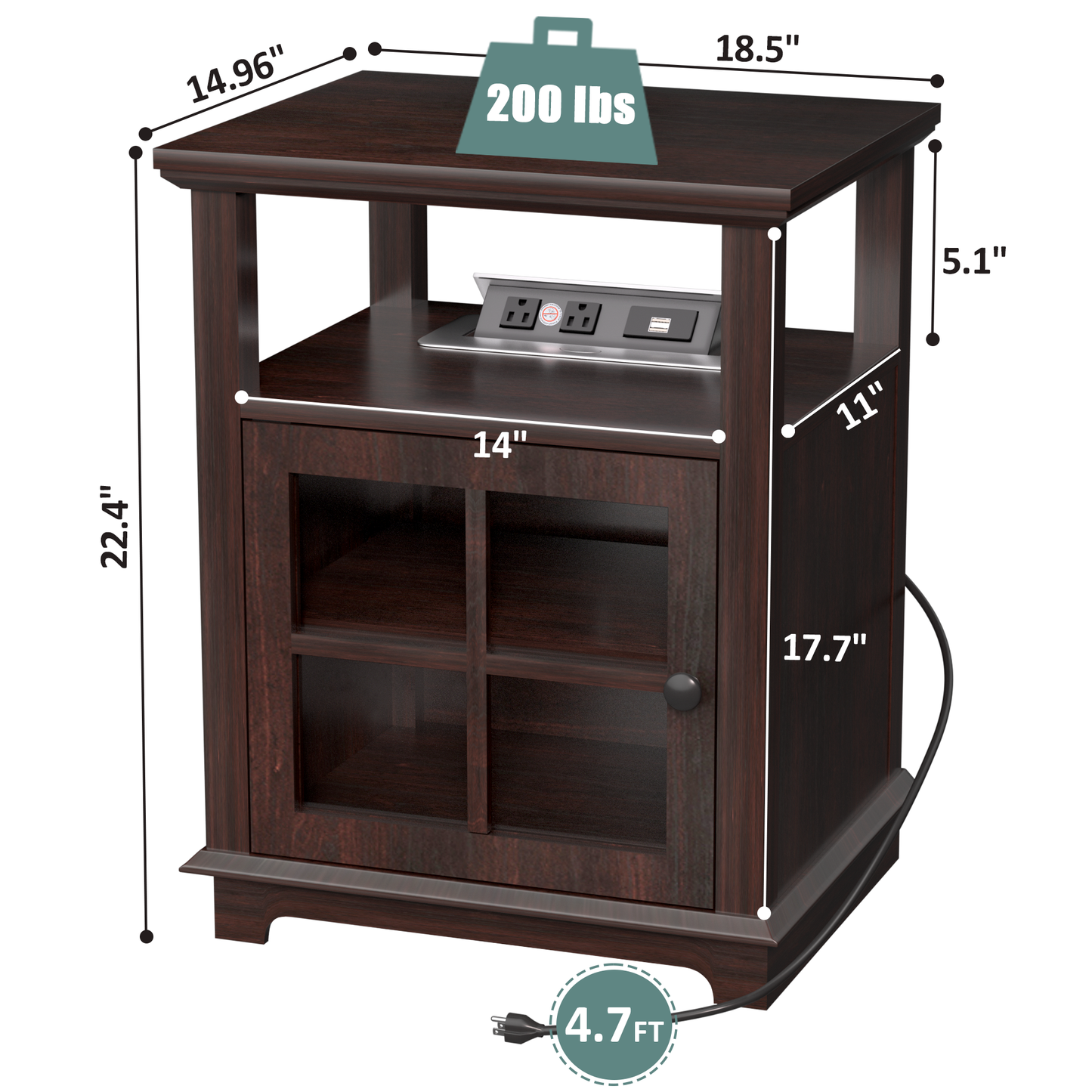FAGAGA End Table with Wireless Charging Station, Nightstand with Storage, Espresso 22" Retro Side Table with Adjustable Shelf for Bedroom,Living Room