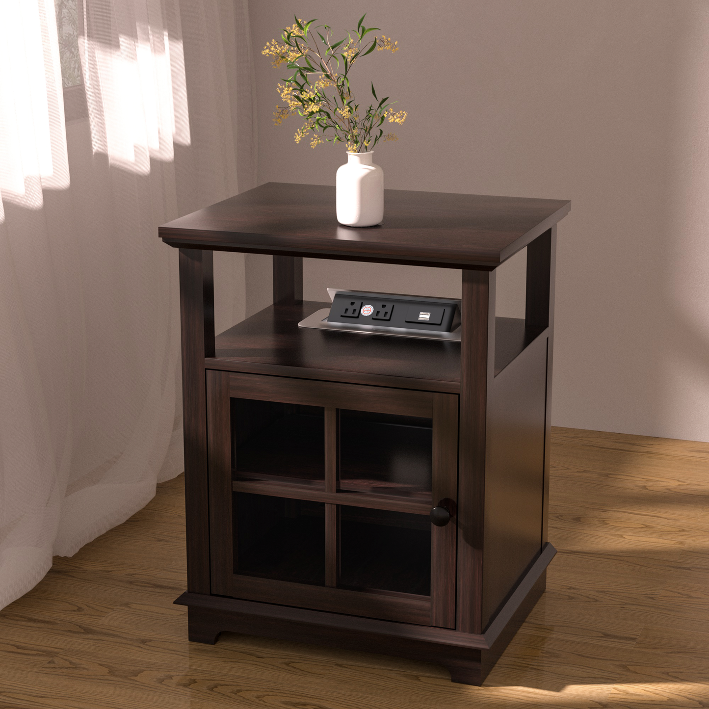 FAGAGA End Table with Wireless Charging Station, Nightstand with Storage, Espresso 22" Retro Side Table with Adjustable Shelf for Bedroom,Living Room