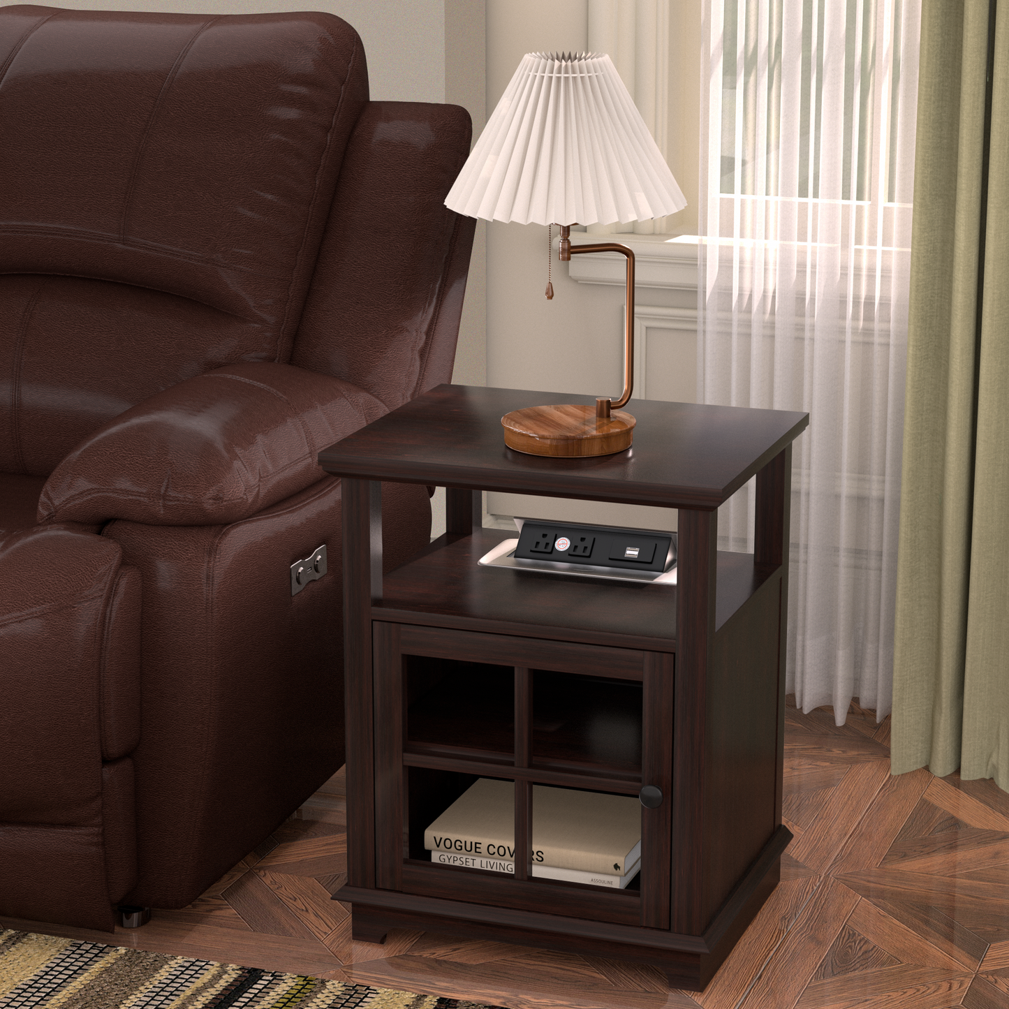 FAGAGA End Table with Wireless Charging Station, Nightstand with Storage, Espresso 22" Retro Side Table with Adjustable Shelf for Bedroom,Living Room