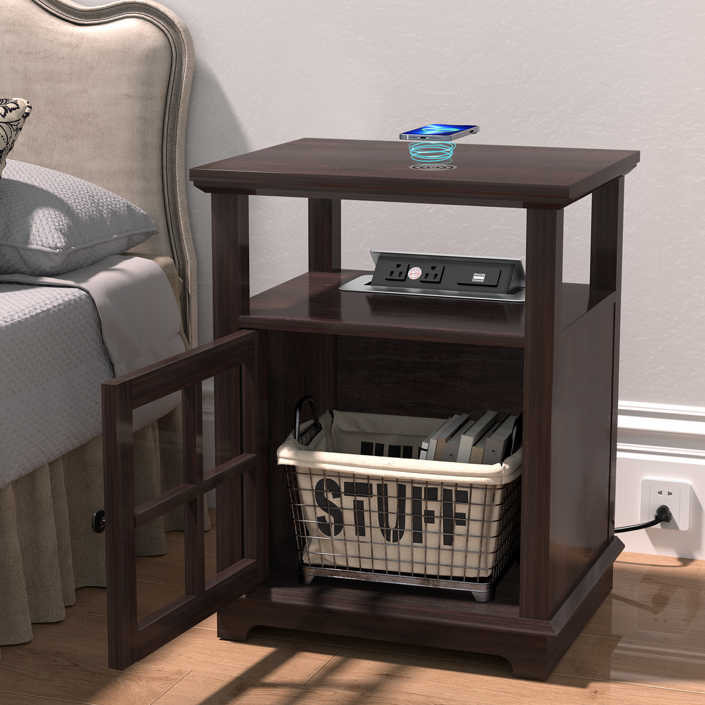 FAGAGA End Table with Wireless Charging Station, Nightstand with Storage, Espresso 22" Retro Side Table with Adjustable Shelf for Bedroom,Living Room