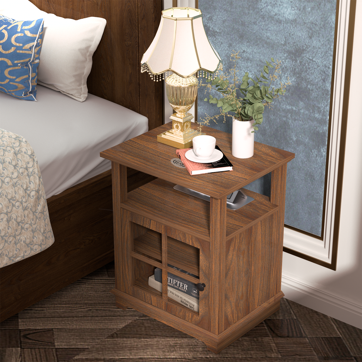 FAGAGA End Table with Wireless Charging Station, Nightstand with Storage, Espresso 22" Retro Side Table with Adjustable Shelf for Bedroom,Living Room