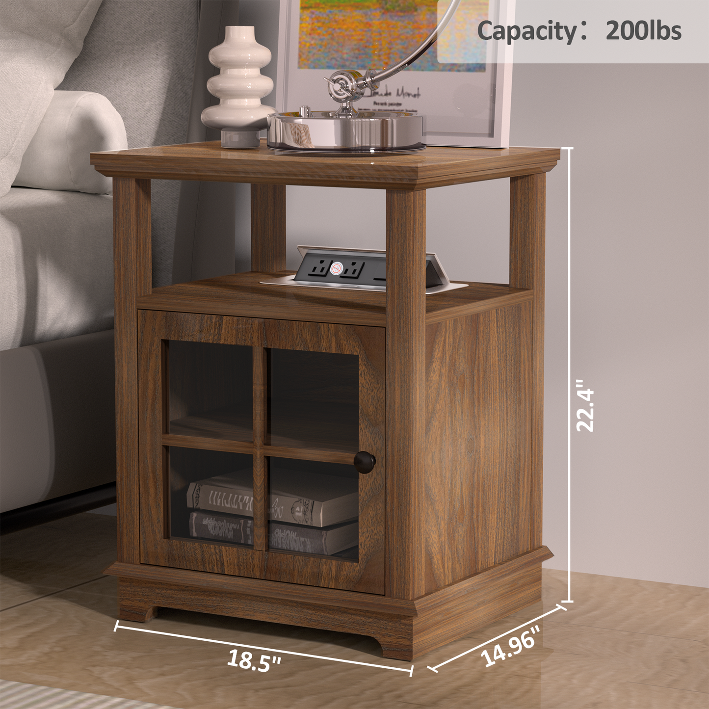 FAGAGA End Table with Wireless Charging Station, Nightstand with Storage, Espresso 22" Retro Side Table with Adjustable Shelf for Bedroom,Living Room