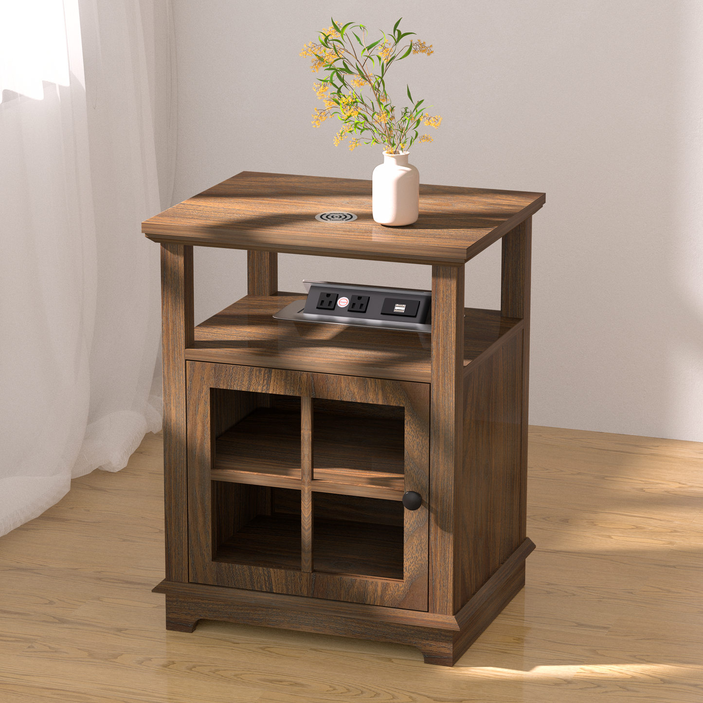 FAGAGA End Table with Wireless Charging Station, Nightstand with Storage, Espresso 22" Retro Side Table with Adjustable Shelf for Bedroom,Living Room