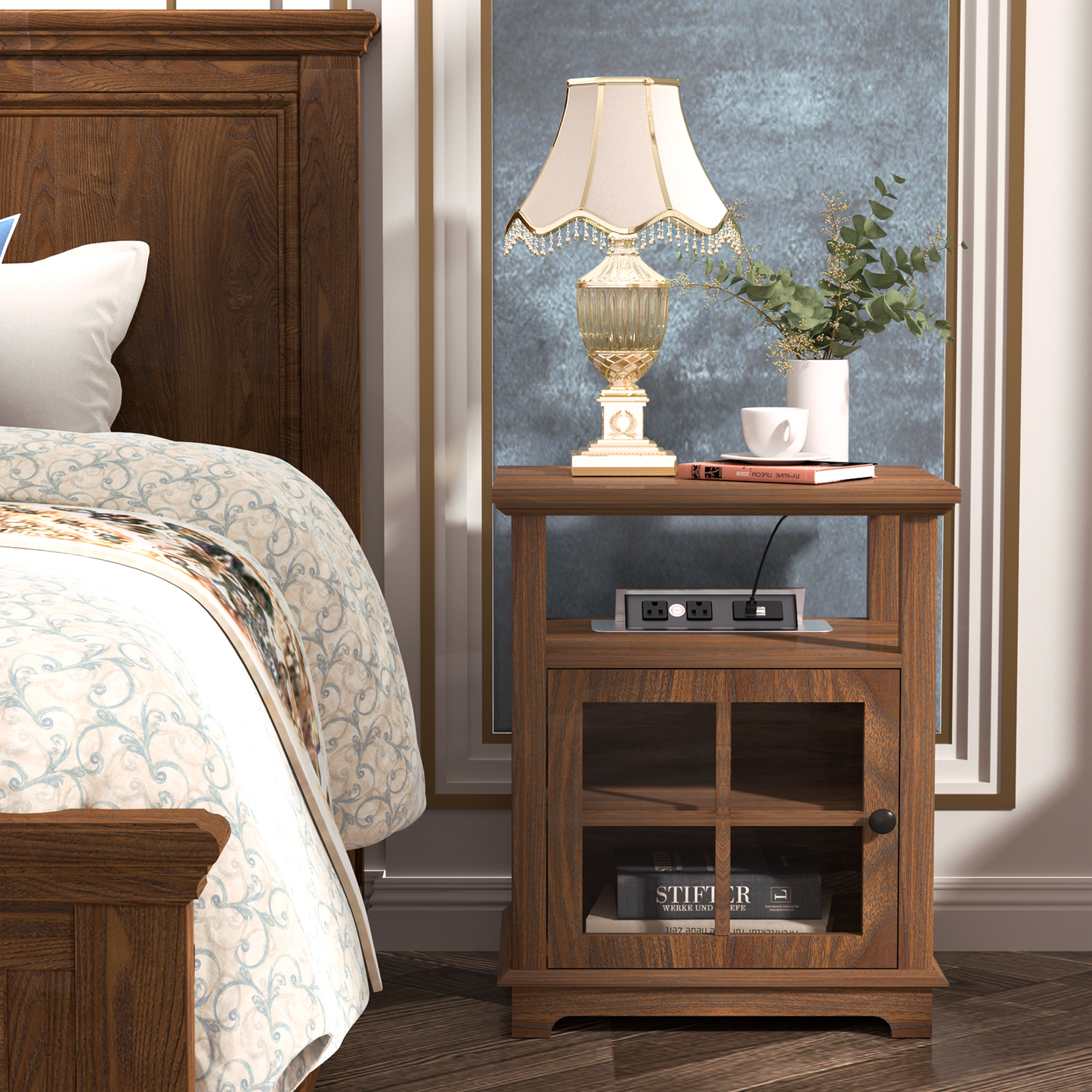 FAGAGA End Table with Wireless Charging Station, Nightstand with Storage, Espresso 22" Retro Side Table with Adjustable Shelf for Bedroom,Living Room