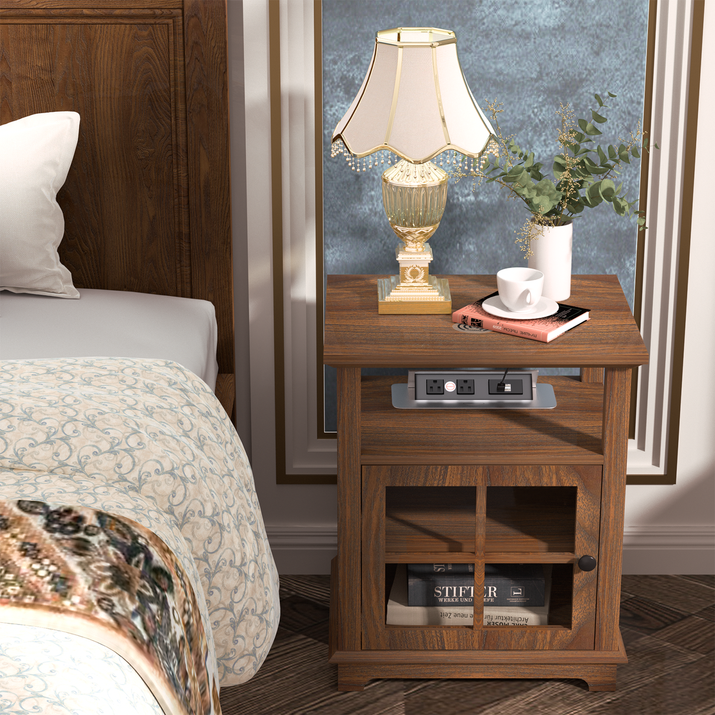FAGAGA End Table with Wireless Charging Station, Nightstand with Storage, Espresso 22" Retro Side Table with Adjustable Shelf for Bedroom,Living Room