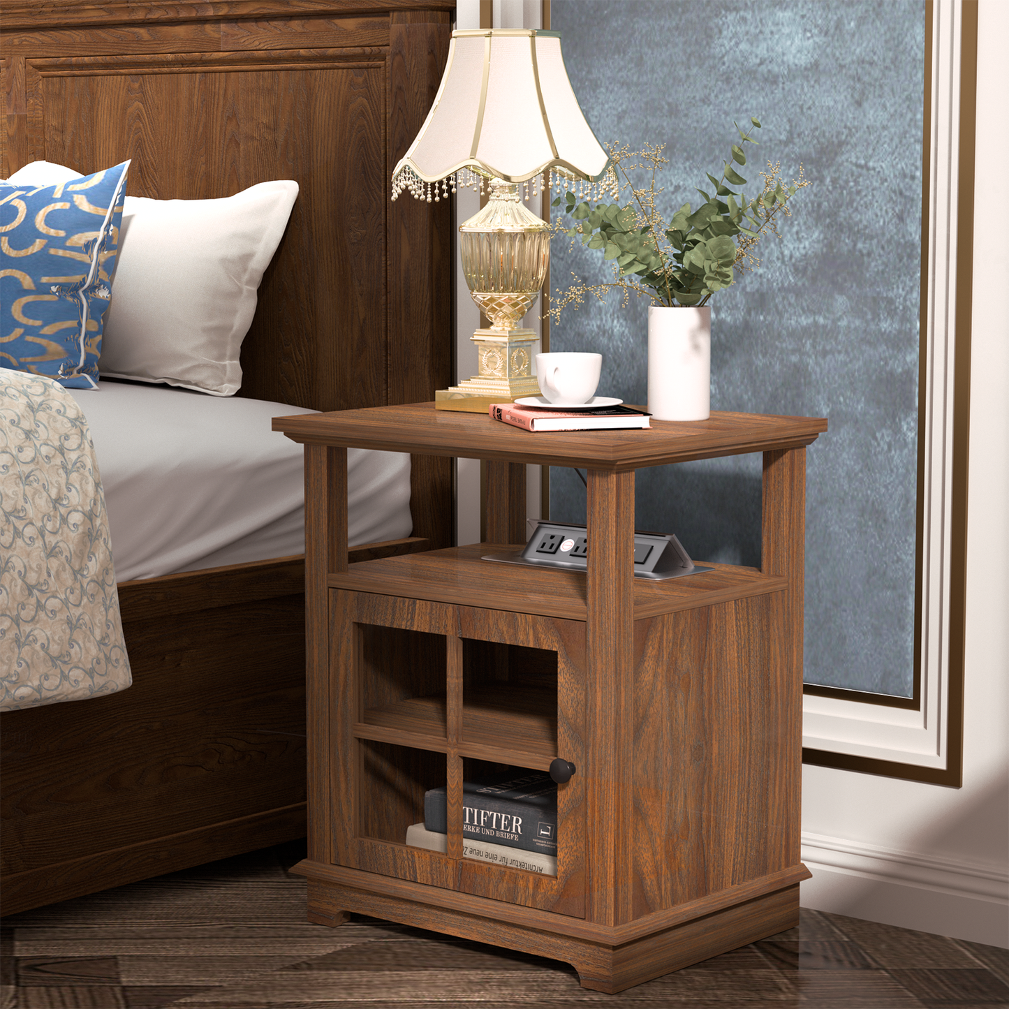 FAGAGA End Table with Wireless Charging Station, Nightstand with Storage, Espresso 22" Retro Side Table with Adjustable Shelf for Bedroom,Living Room