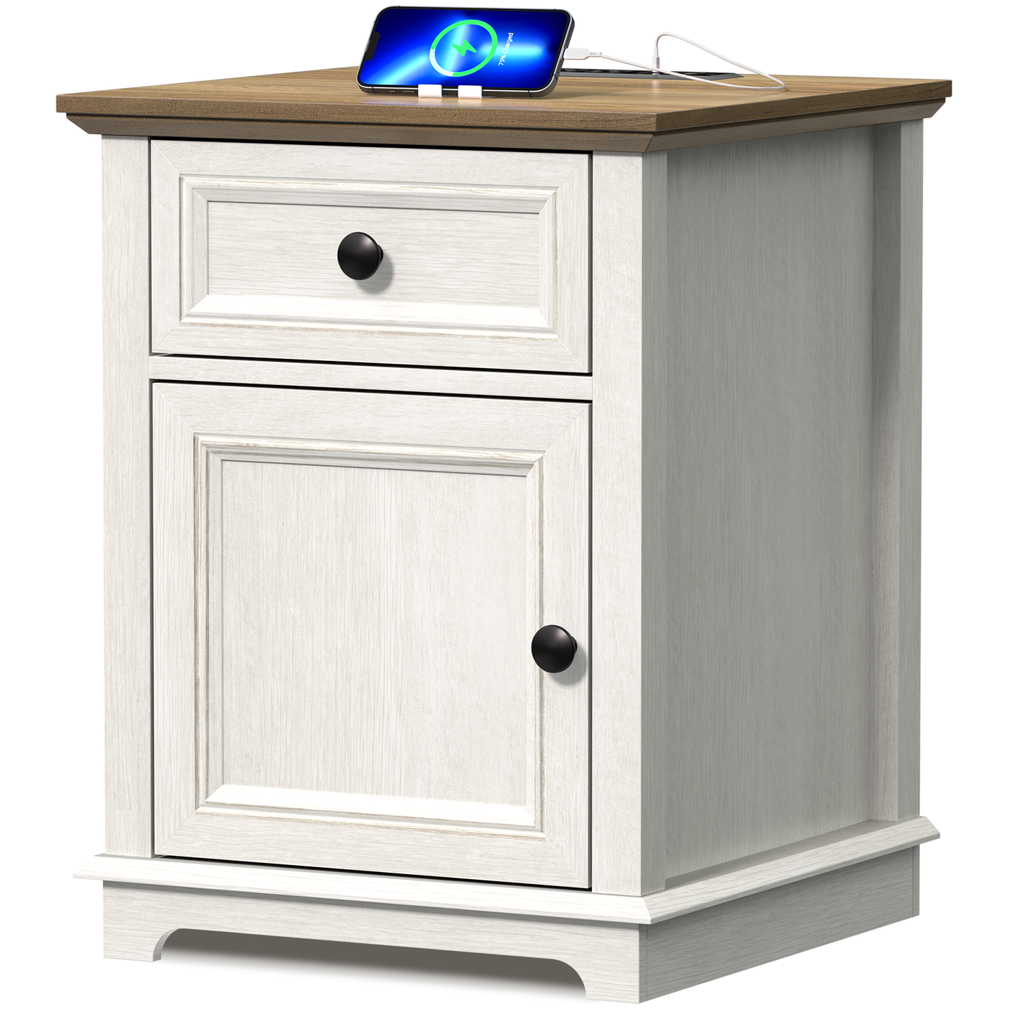 FAGAGA End Table with Fast USB C Charging Station, 24" Tall Sofa Side Table with Magnetic Door and Adjustable Storage Shelf, Wooden Square Storage Cabinet for Living Room, Bedroom, Office