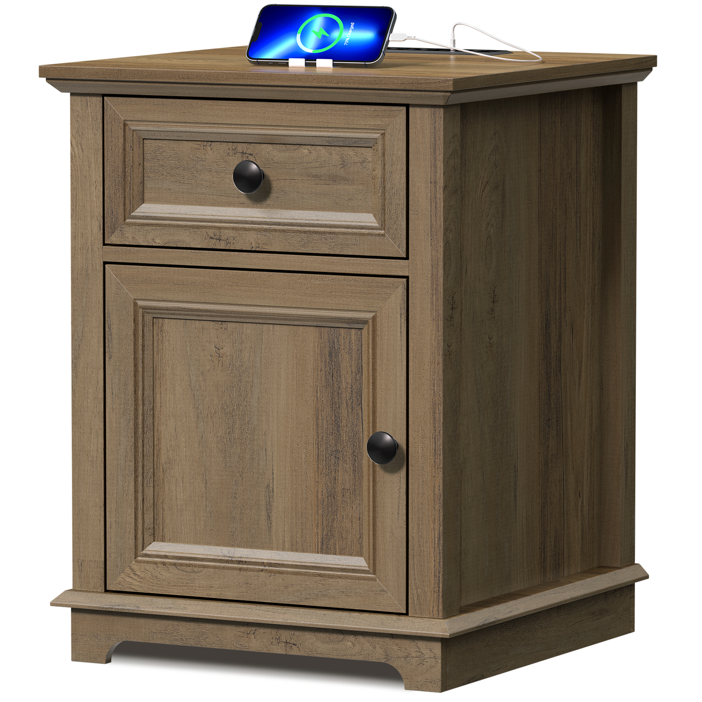 FAGAGA End Table with Fast USB C Charging Station, 24" Tall Sofa Side Table with Magnetic Door and Adjustable Storage Shelf, Wooden Square Storage Cabinet for Living Room, Bedroom, Office